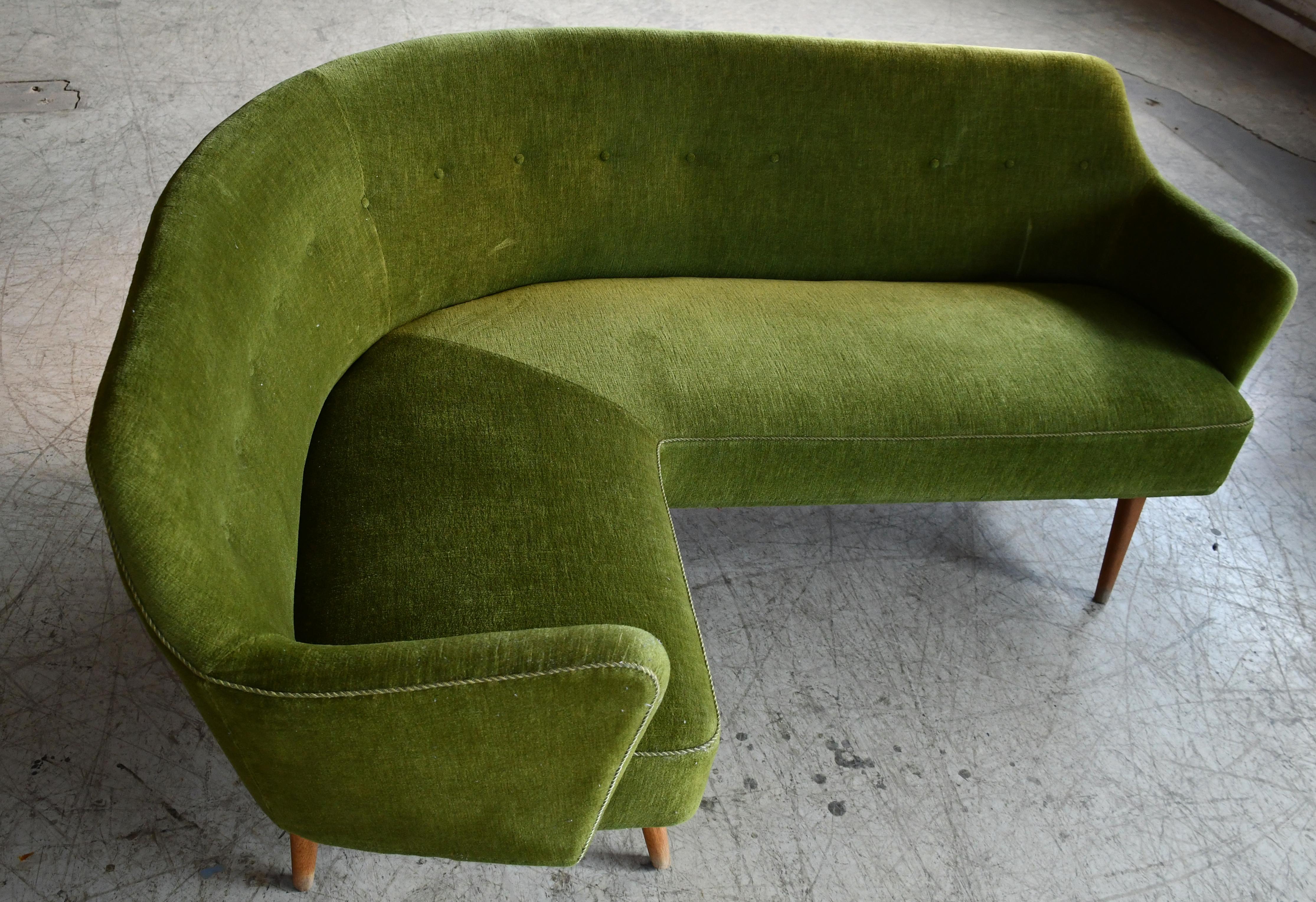 1950's Rare Danish Corner Sofa Raised on Beech Legs and Green Mohair Fabric In Good Condition In Bridgeport, CT