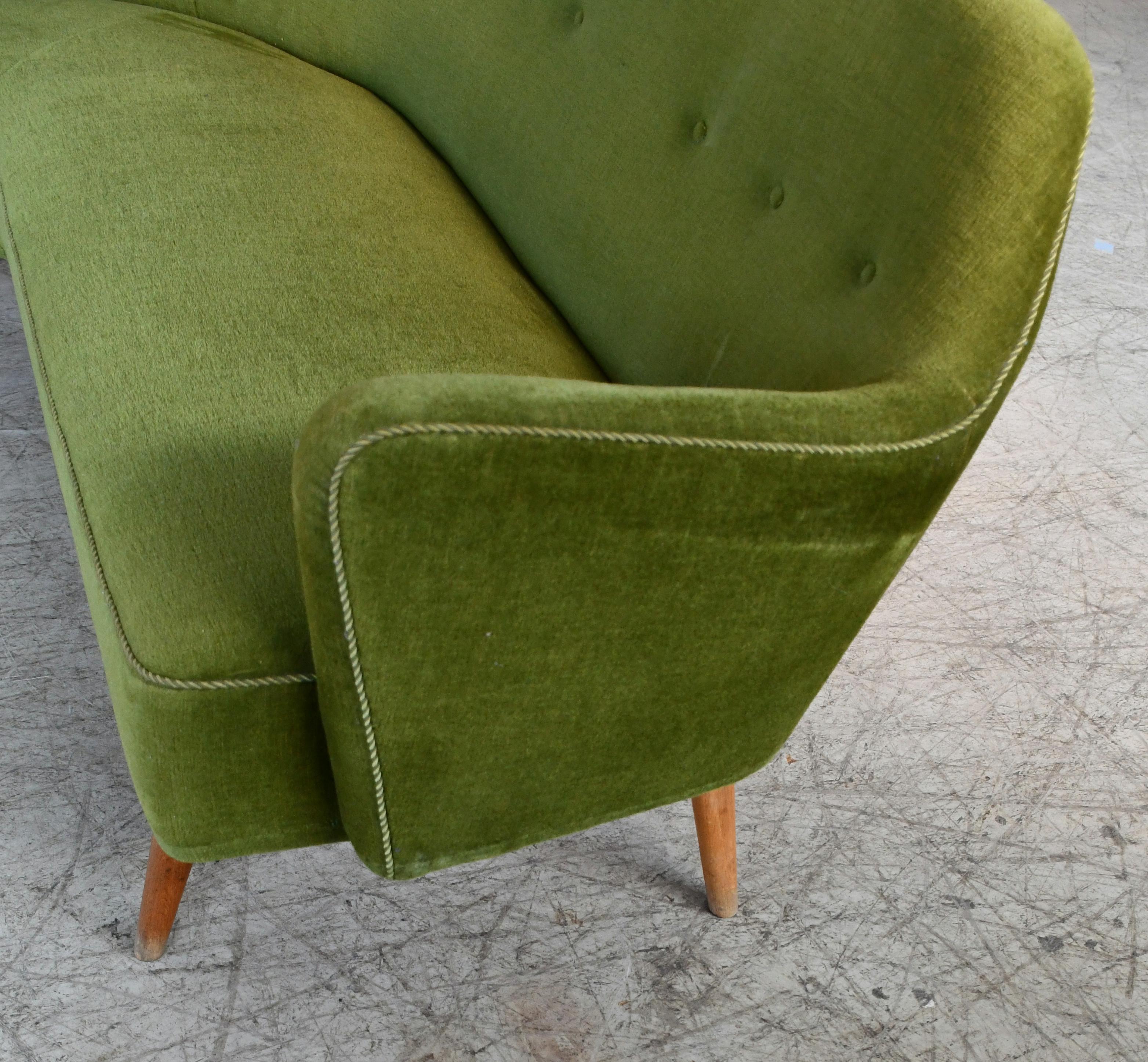 Mid-20th Century 1950's Rare Danish Corner Sofa Raised on Beech Legs and Green Mohair Fabric