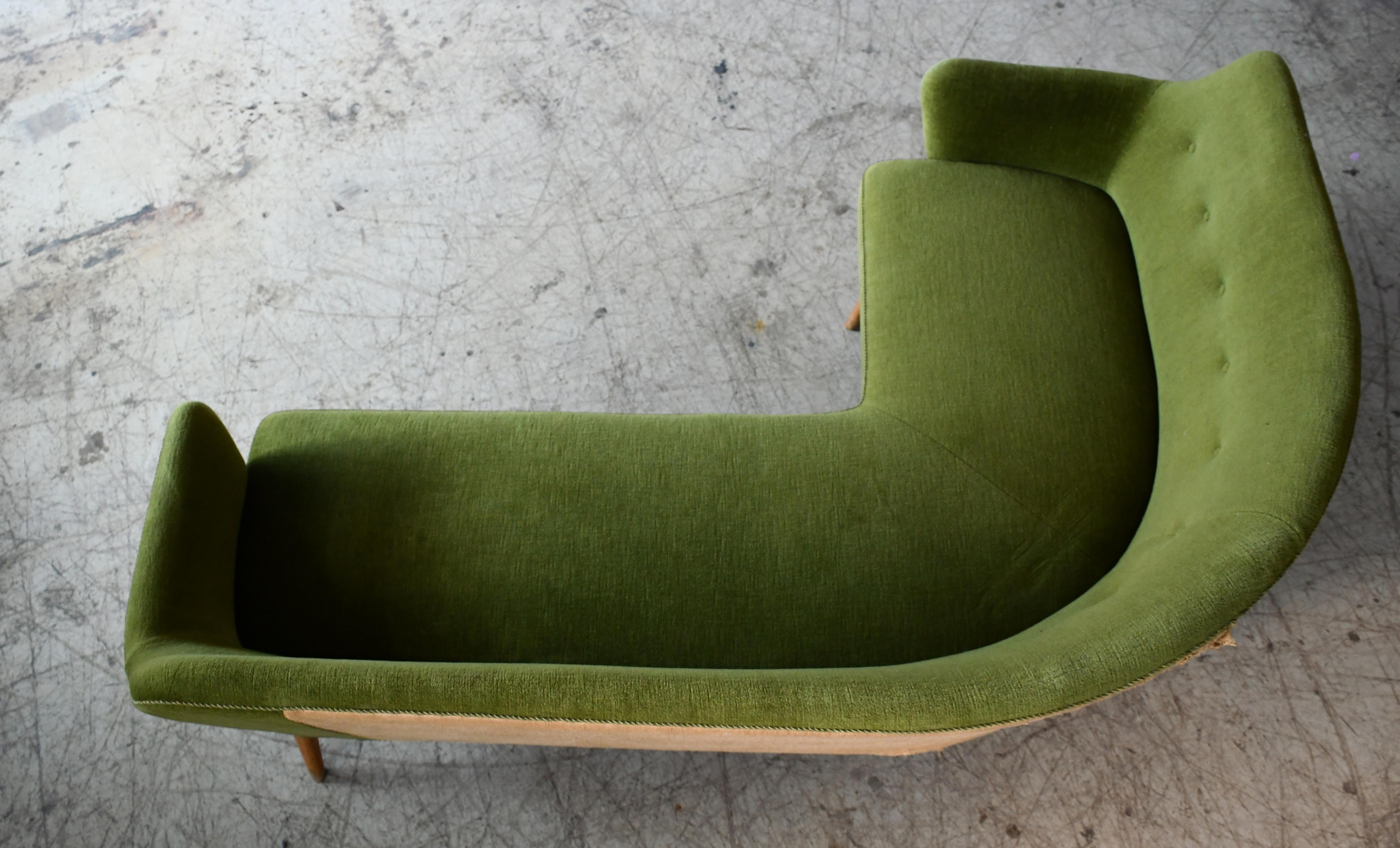 1950's Rare Danish Corner Sofa Raised on Beech Legs and Green Mohair Fabric 1