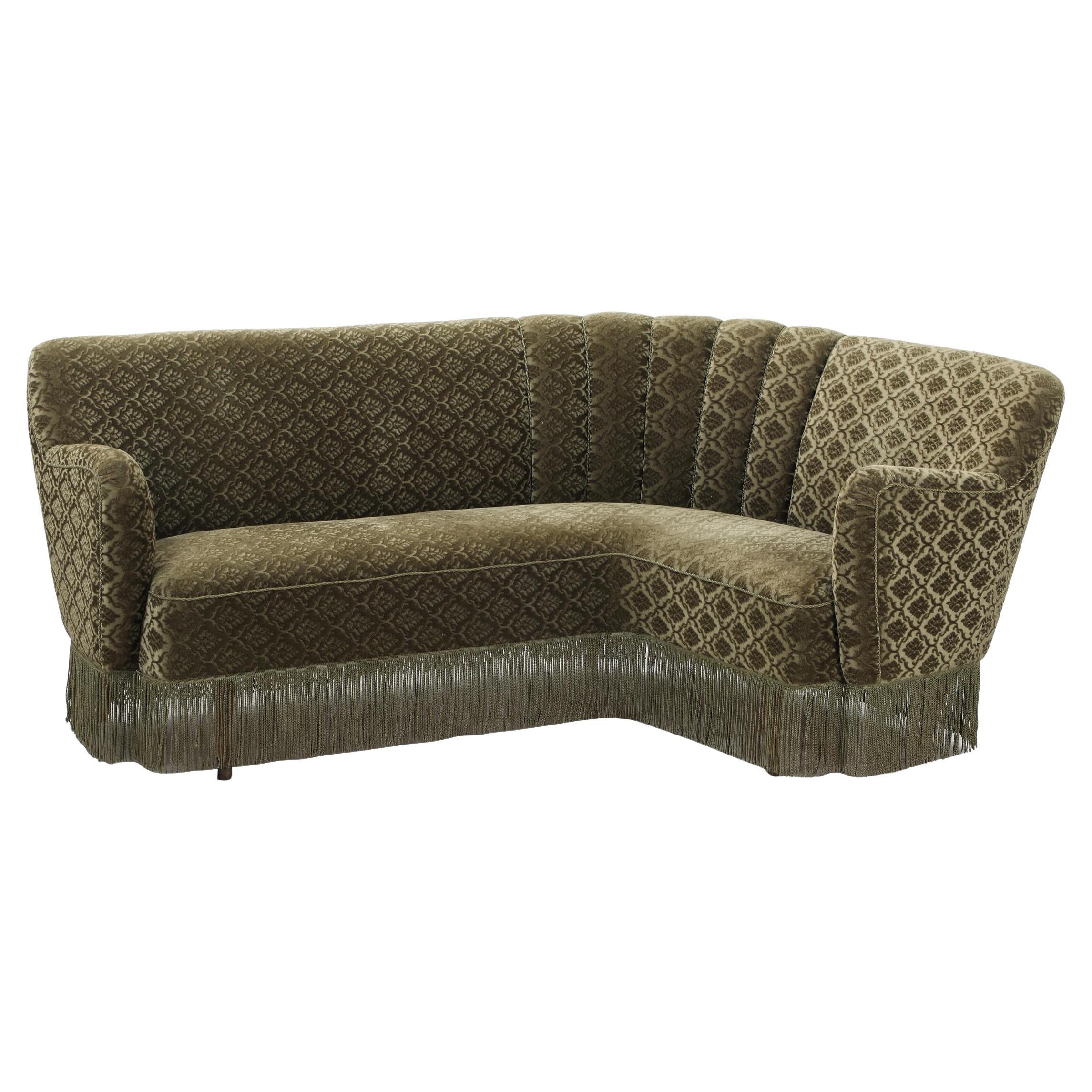 1950
s Rare Danish Corner Sofa Raised on Beech Legs and Green Mohair Fabric For Sale