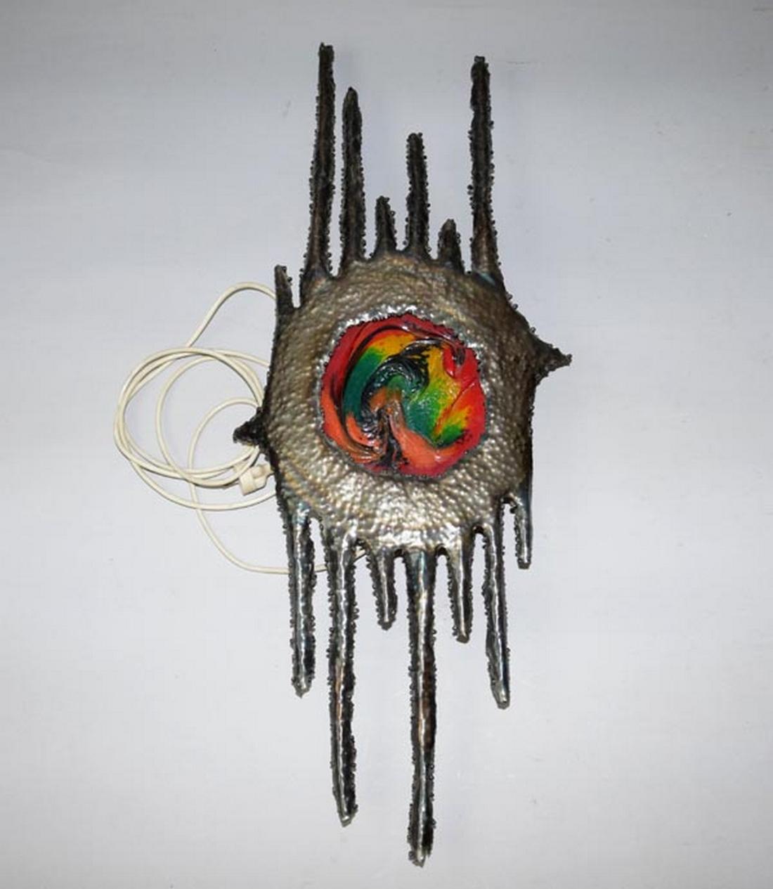 - Design: unknown
- Made of cast glass and wrought iron sheet
- Strong multicoloured glass in the middle of lamp
- Good original condition, undamaged
- Original electricity (small socket - E14, max 1x25 W).