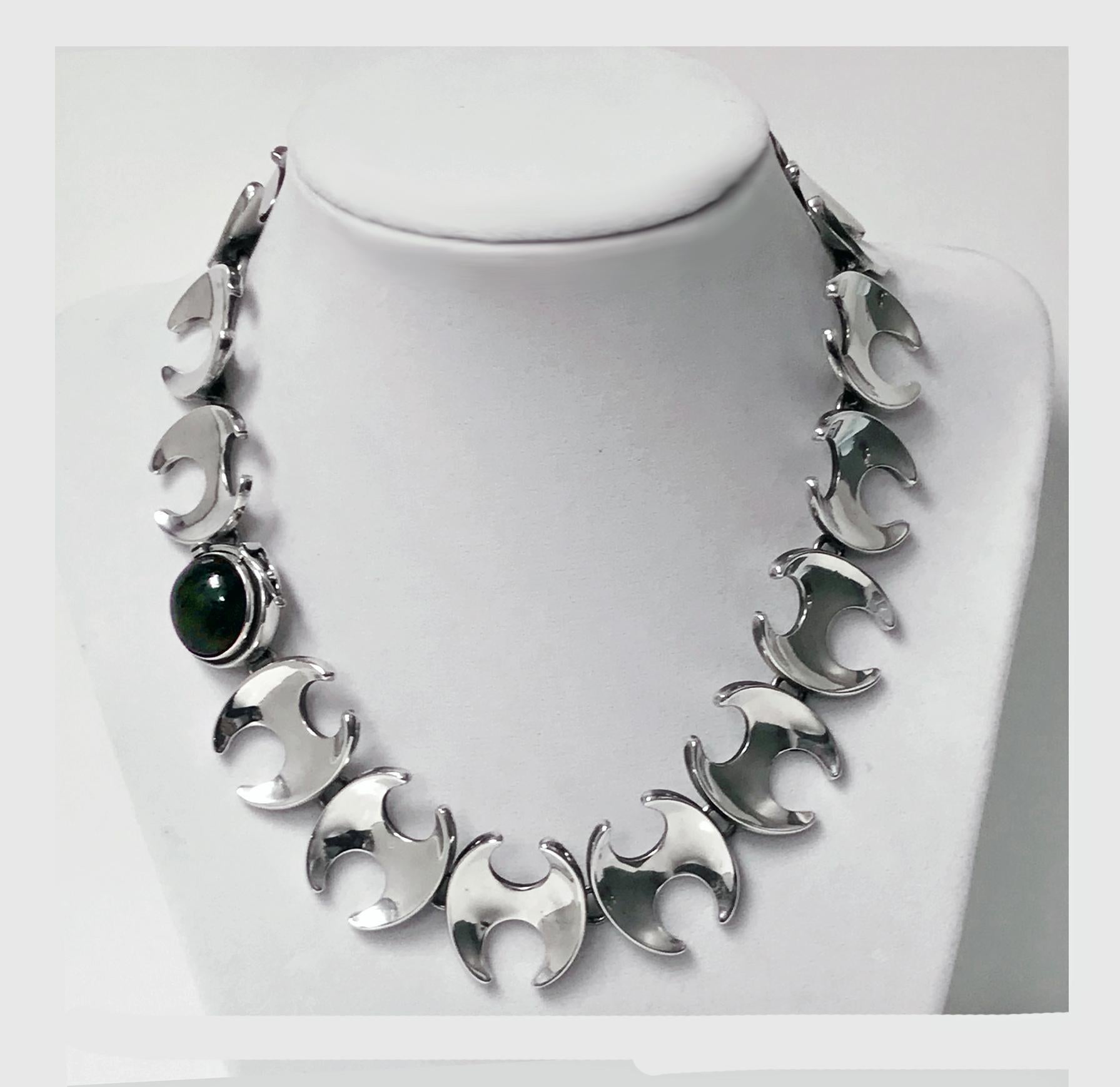 Rare Vintage Georg Jensen Henning Koppel Sterling Silver Necklace is set with nephrite clasp. Designed by Henning Koppel in Koppel’s signature  H design for Georg Jensen probably in the 1950’s. It is marked with the post 1945 Georg Jensen mark and