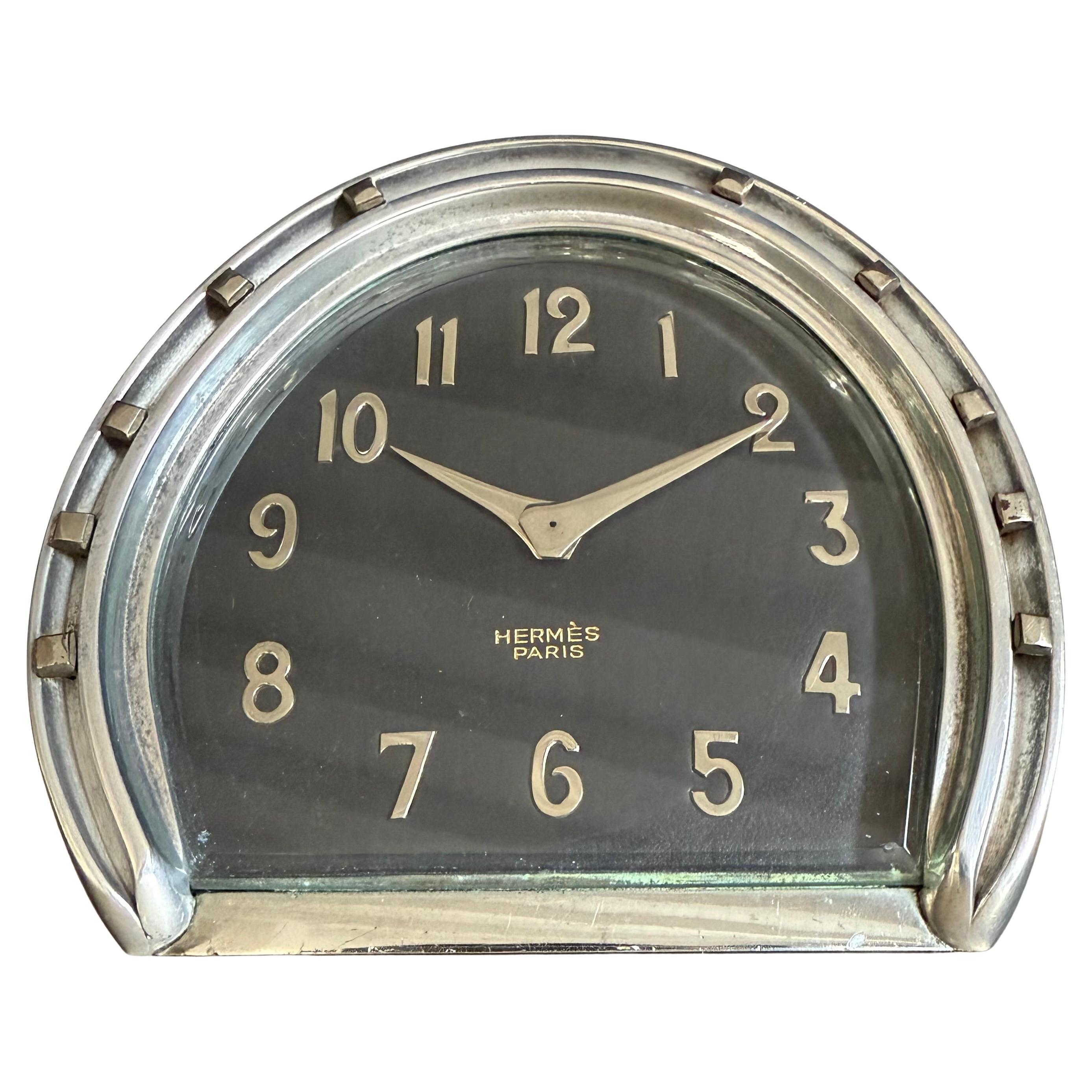 1950s Rare Hermès Horseshoe Desk Clock Leather Dial For Sale