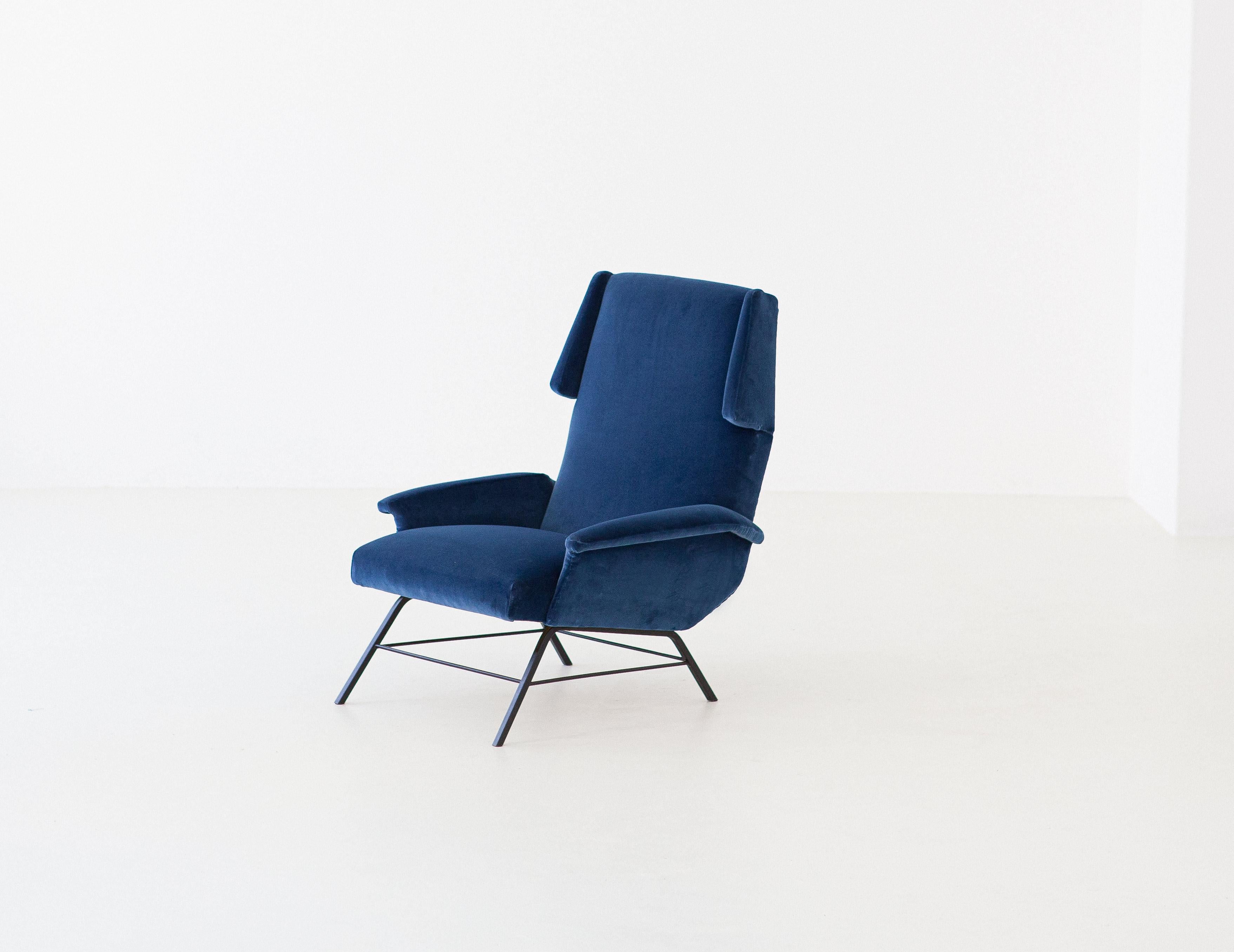 Mid-Century Modern 1950s Rare Italian Blue Velvet Lounge Armchair