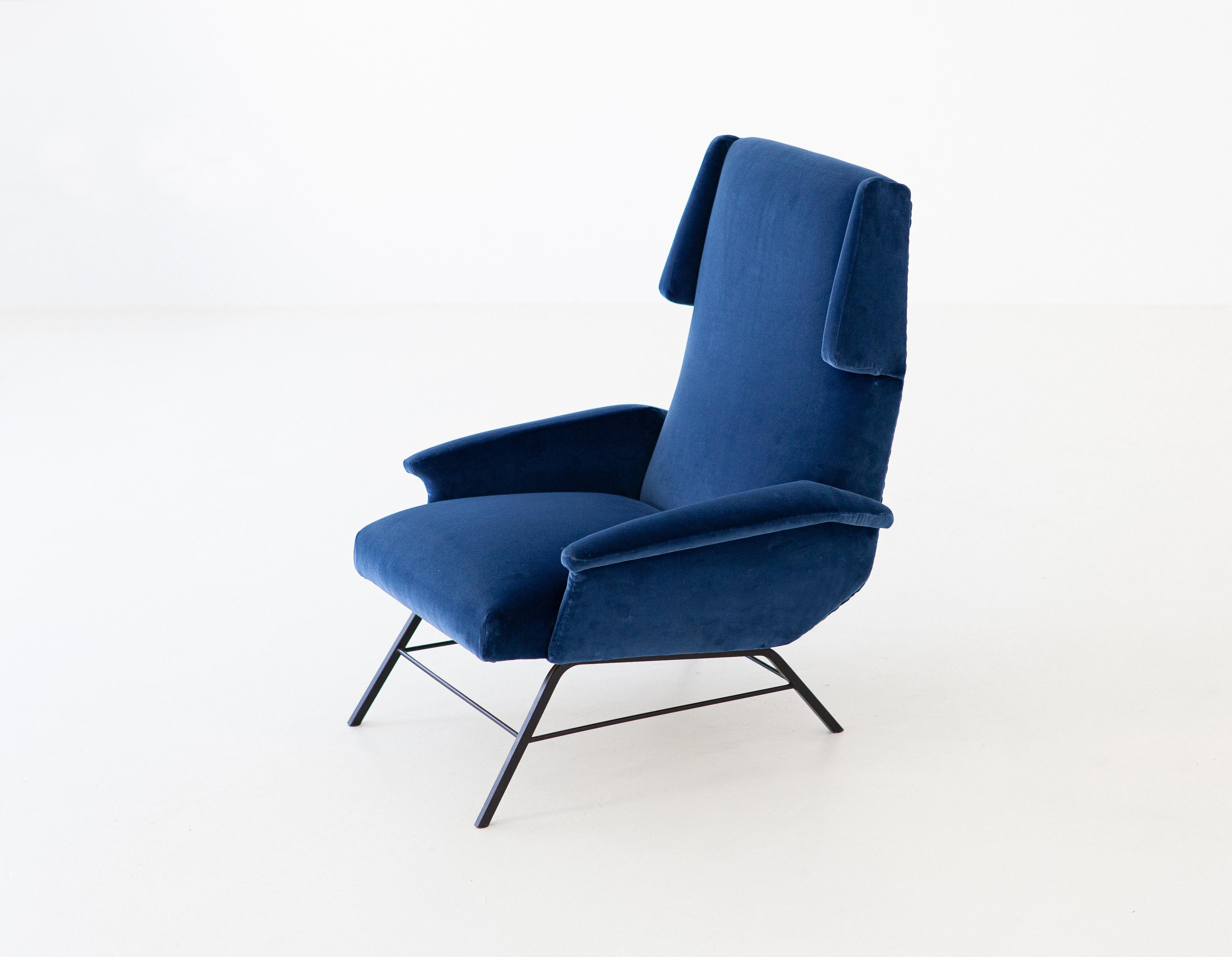 Mid-20th Century 1950s Rare Italian Blue Velvet Lounge Armchair
