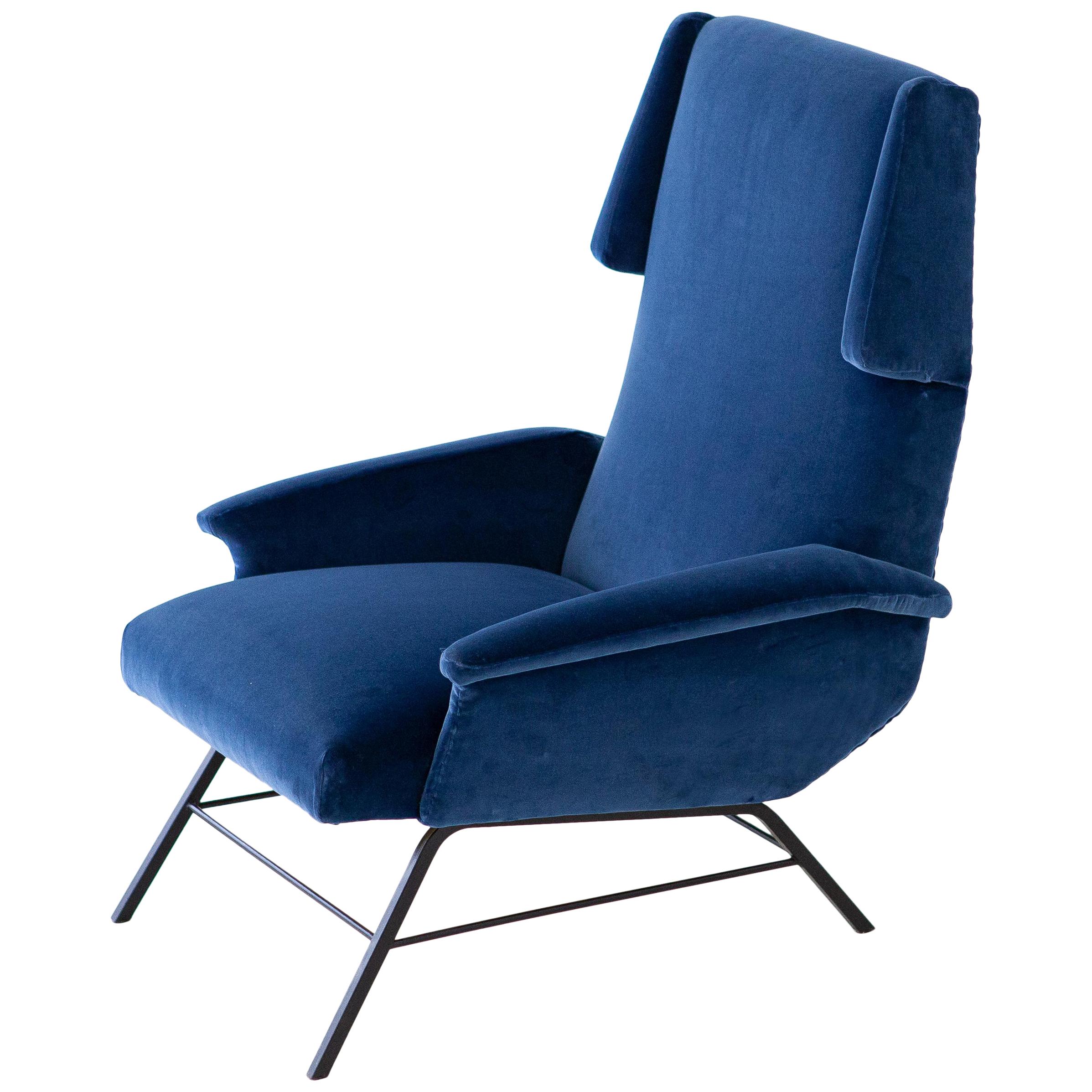 1950s Rare Italian Blue Velvet Lounge Armchair