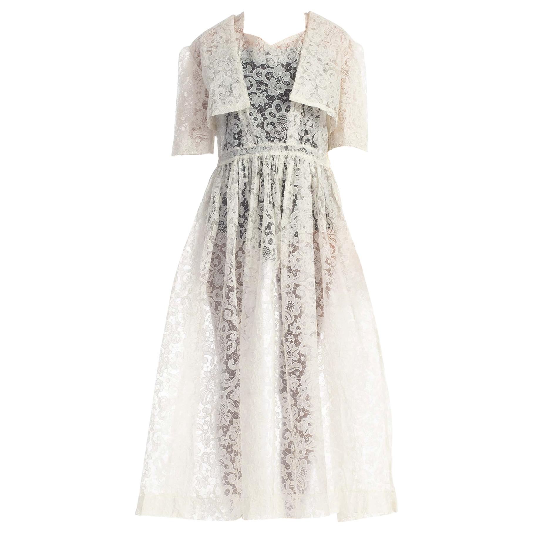 1950S White Rare & Unique Lace Printed Plastic Dress