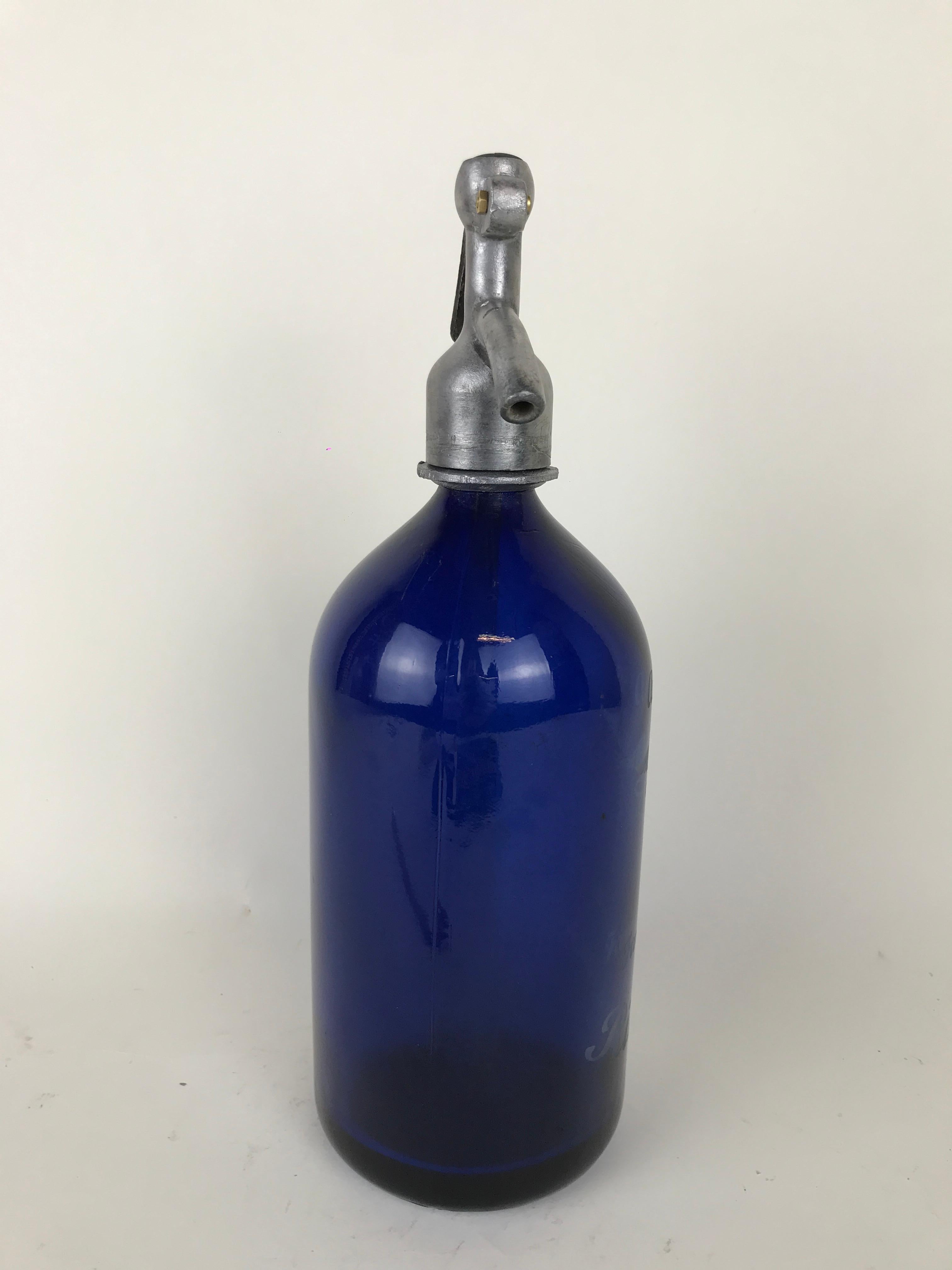Italian 1950s Rare Vintage Cobalt Blue Glass Soda Syphon Seltzer Antica Farmacia Rimini For Sale