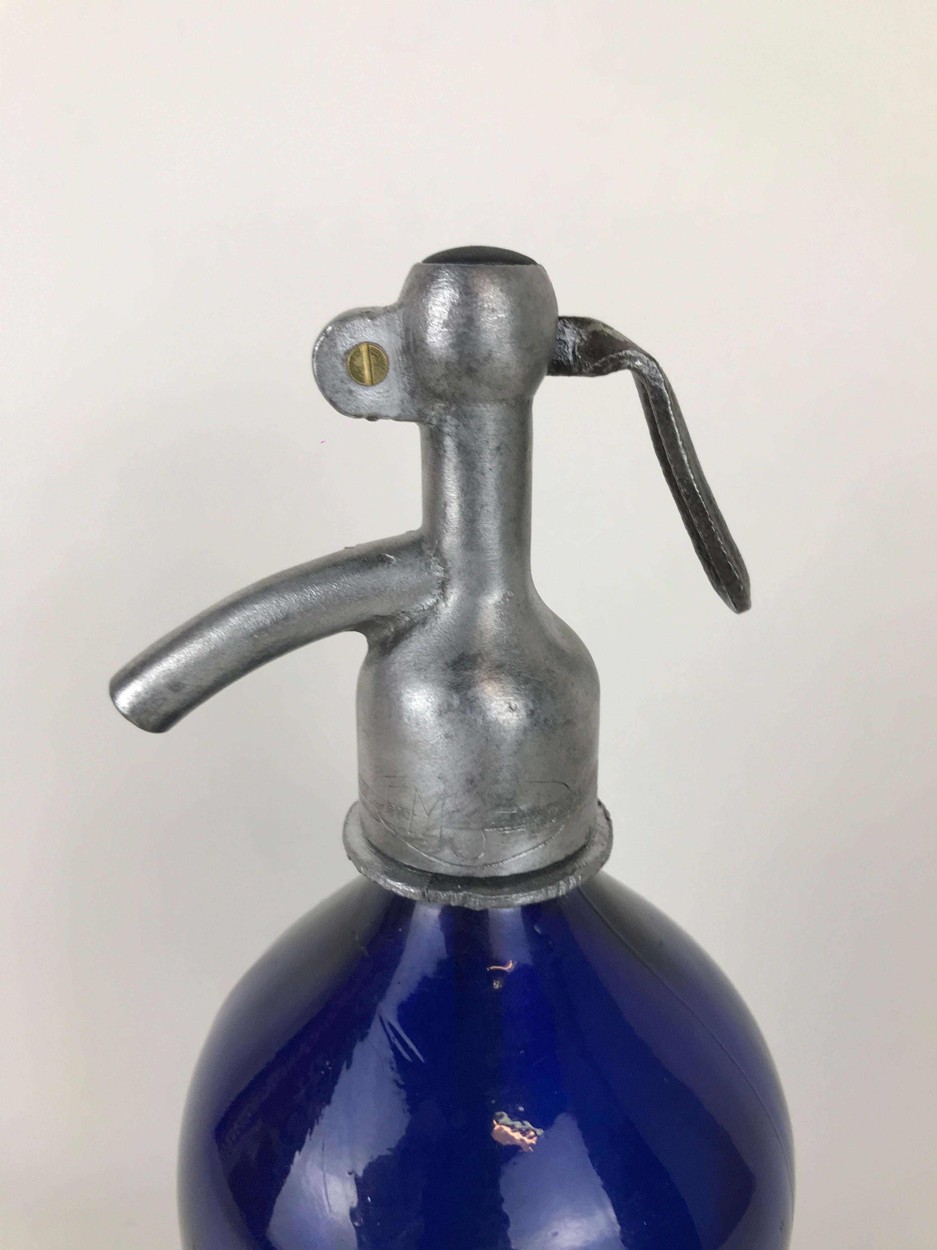 1950s Rare Vintage Cobalt Blue Glass Soda Syphon Seltzer Antica Farmacia Rimini For Sale 1