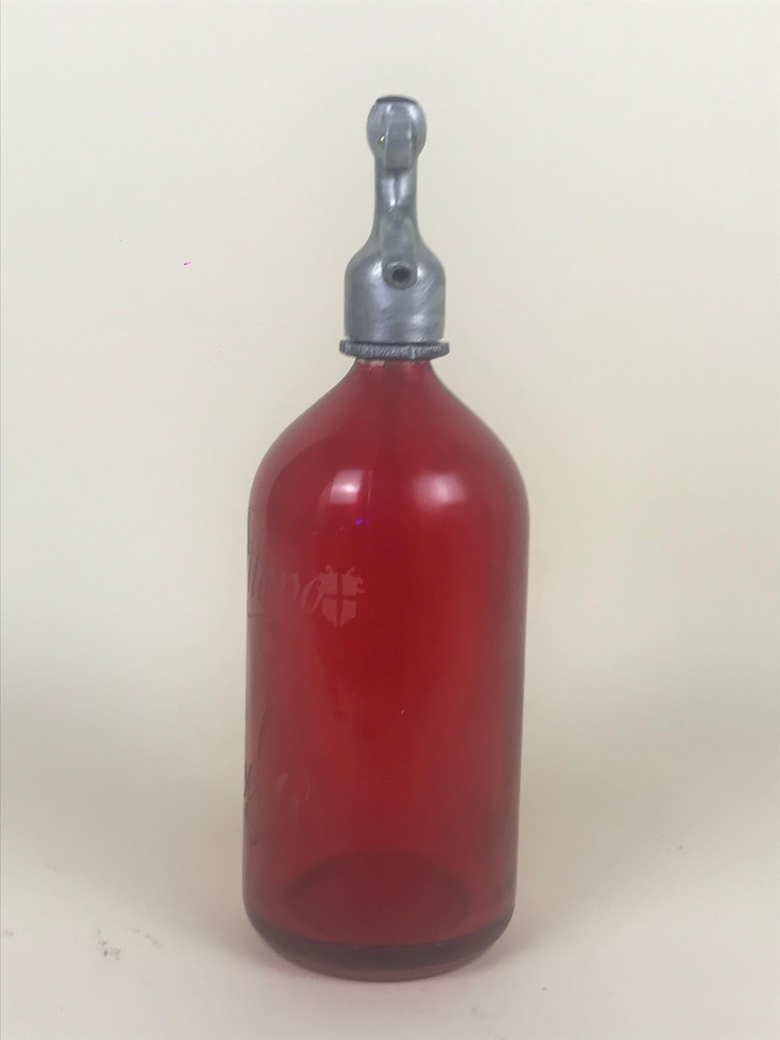 Mid-Century Modern 1950s Rare Vintage Red Glass Italian Soda Syphon Seltzer Campari Milano Soda