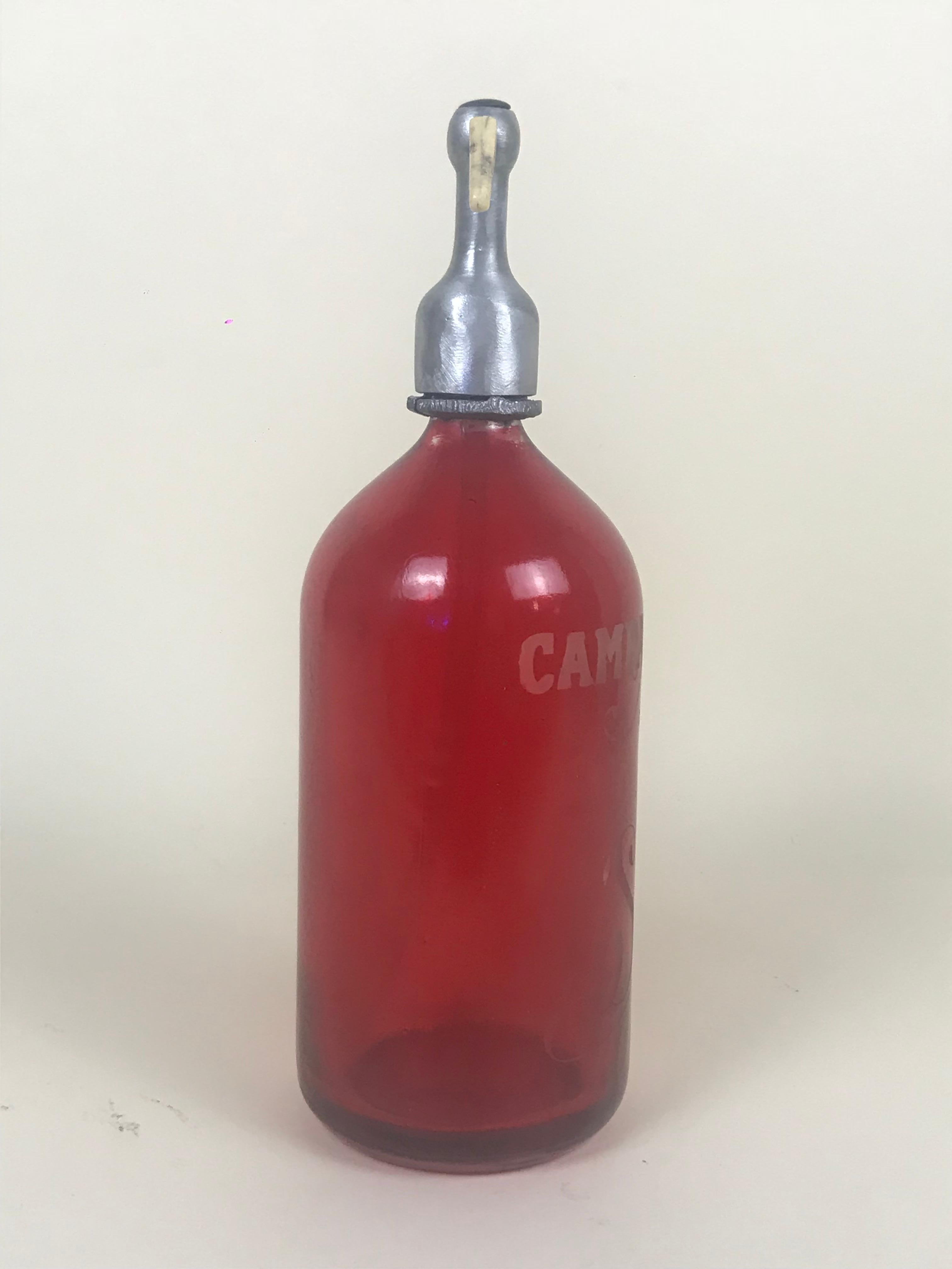 Metal 1950s Rare Vintage Red Glass Italian Soda Syphon Seltzer Campari Milano Soda