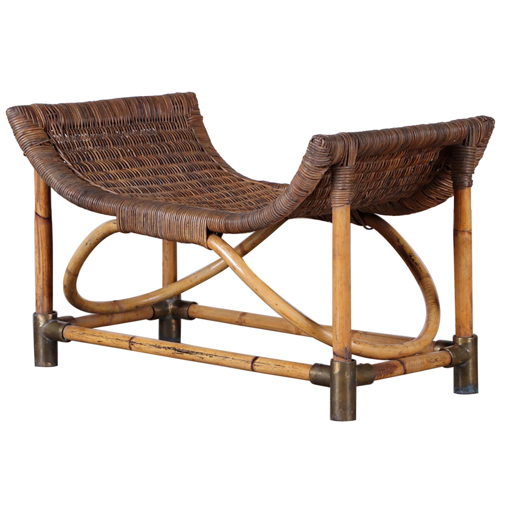 1950s Rattan and Bentwood Bench