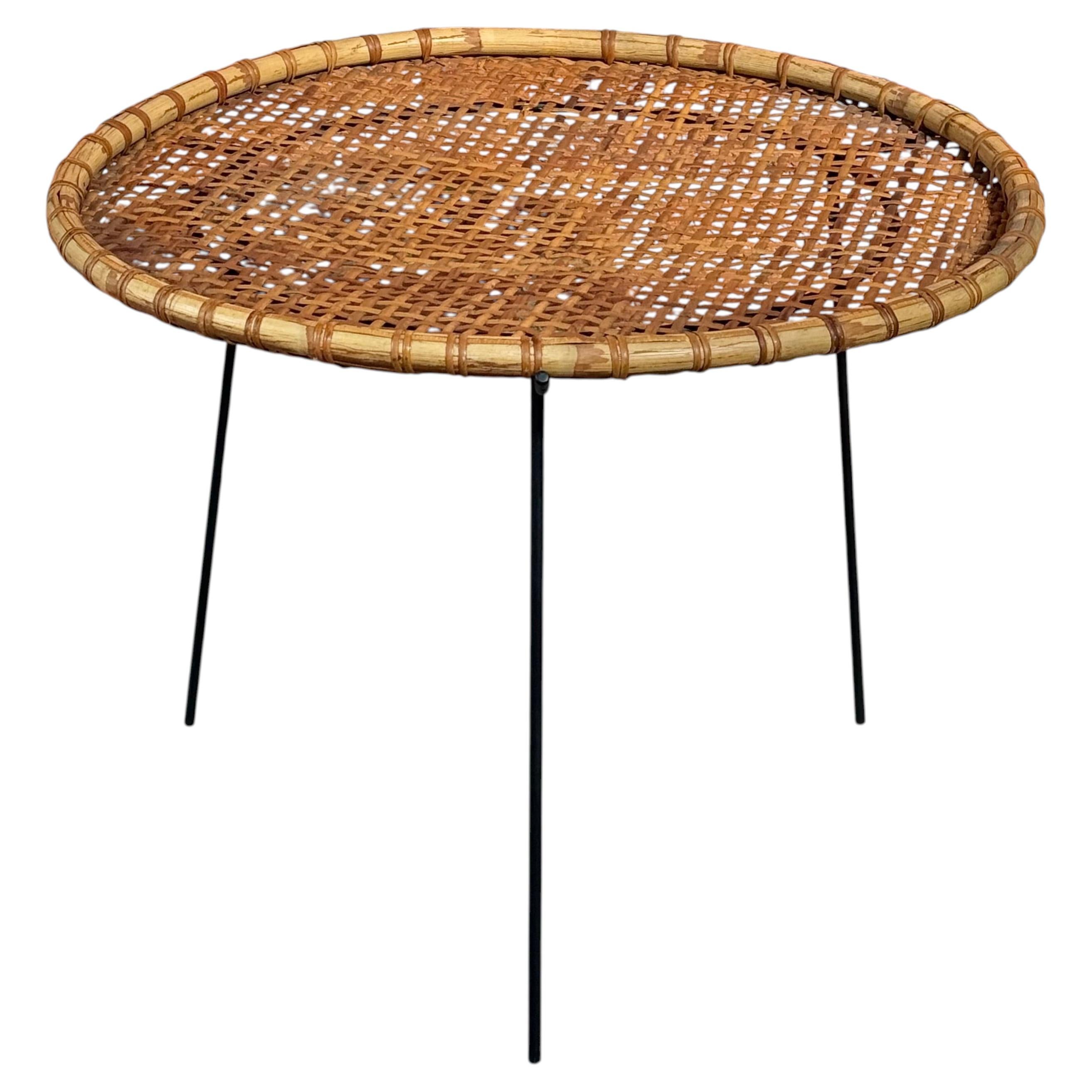 1950s Rattan and Iron Catch-All Side Table w/ Removable Tray