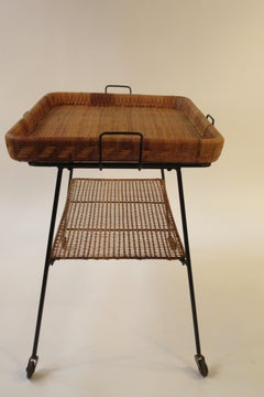1950s Rattan And Iron Serving Cart