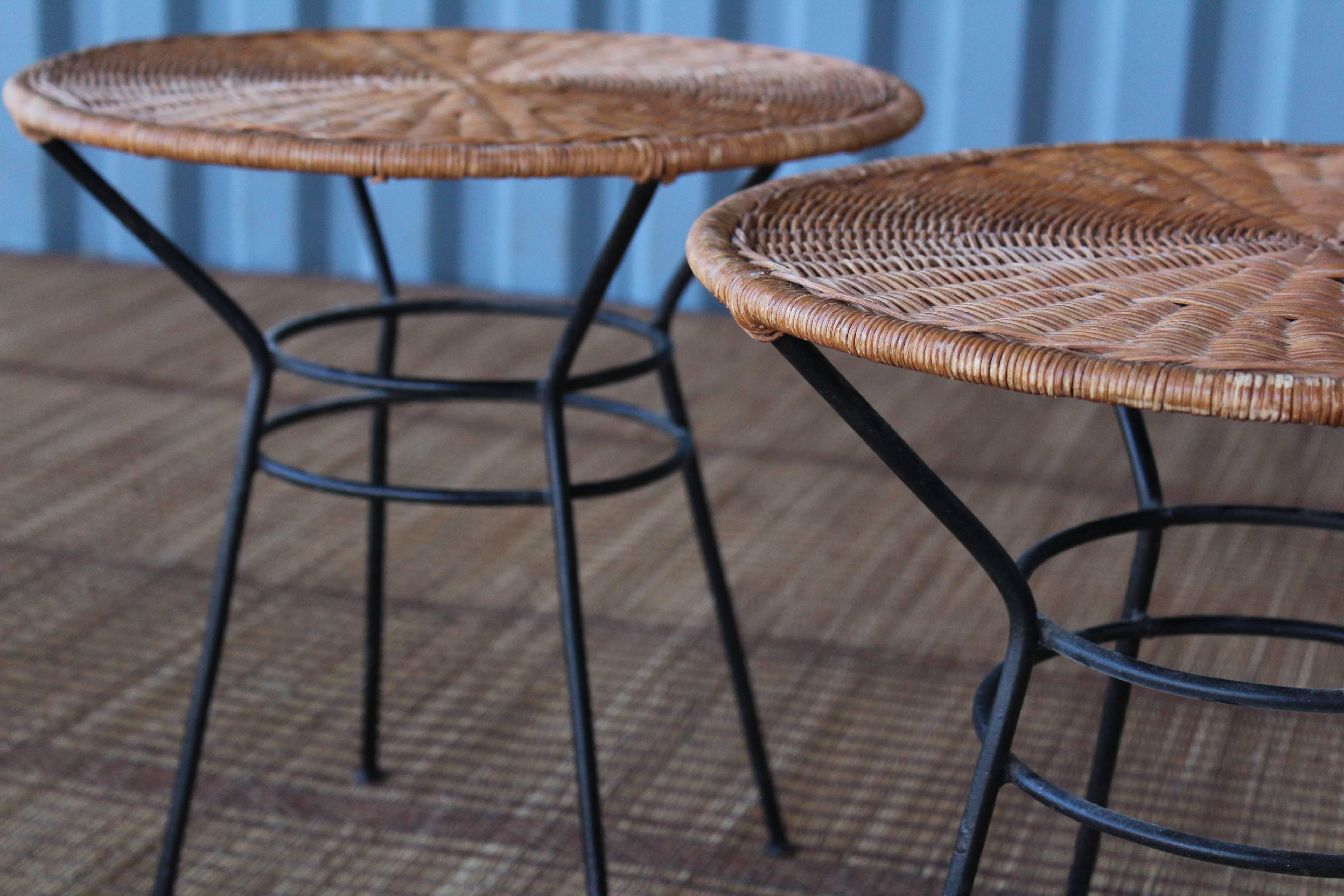 American 1950s Rattan and Iron Side Tables