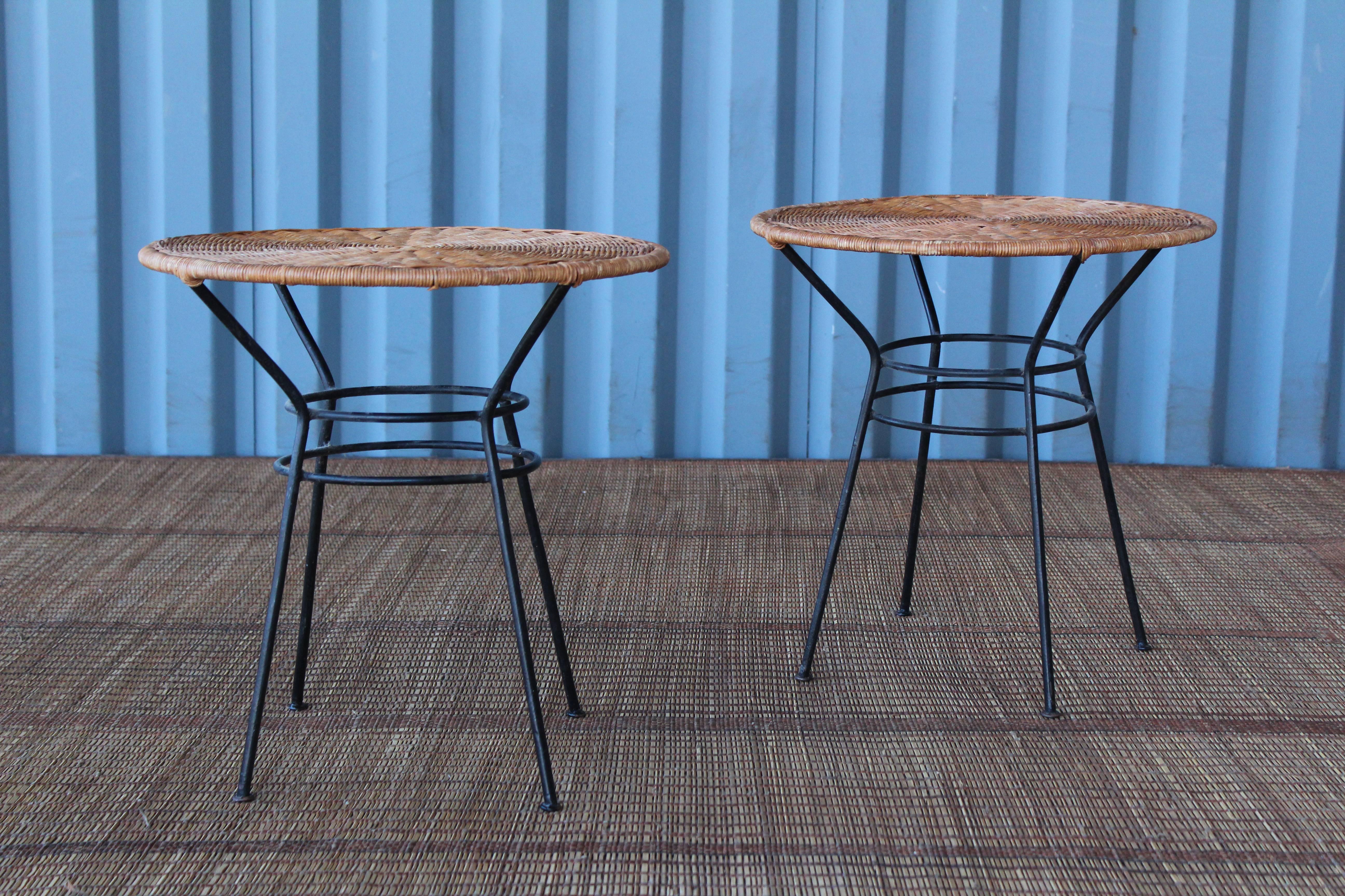 Mid-20th Century 1950s Rattan and Iron Side Tables