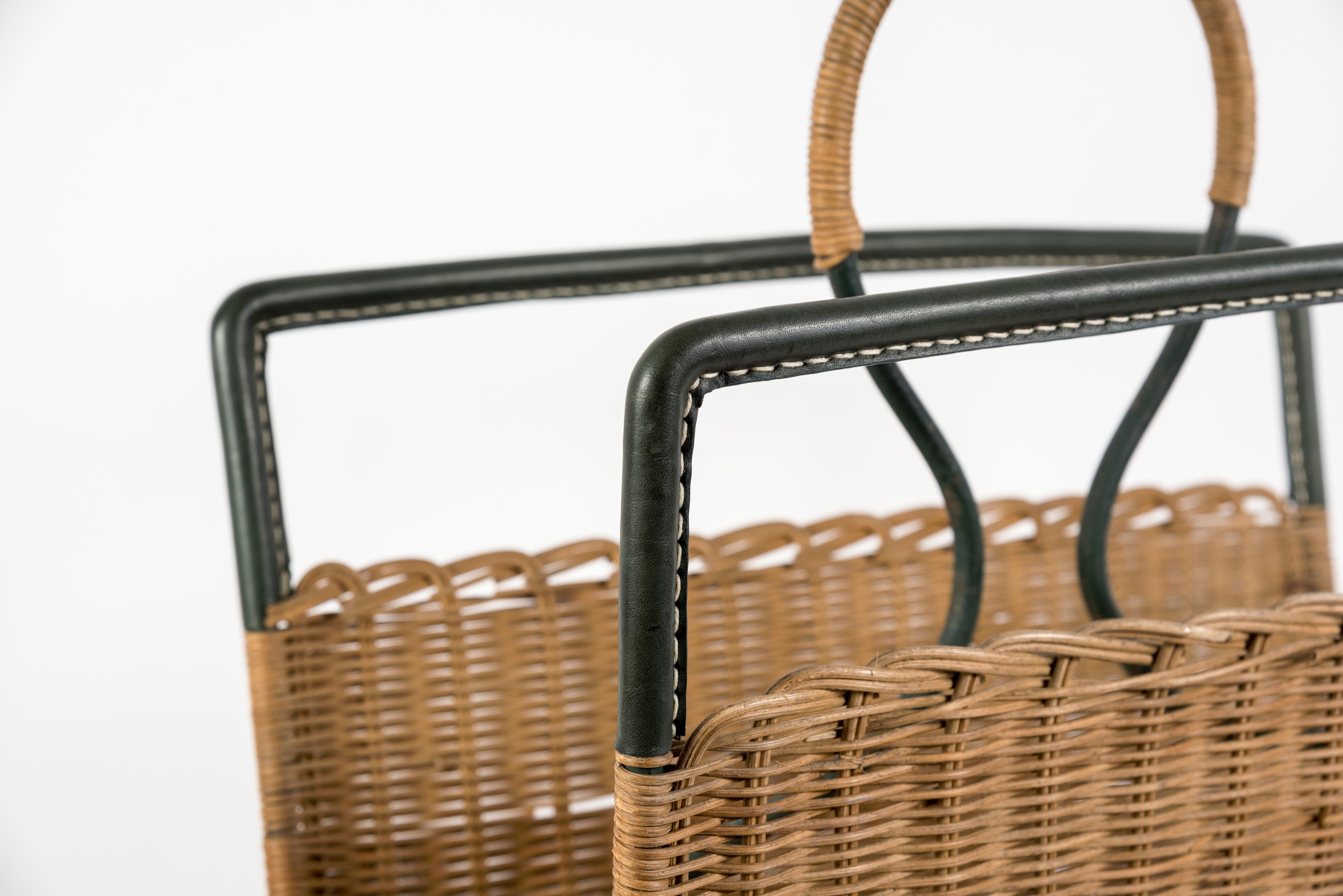 European 1950s Rattan and Stitched Leather Magazine Rack by Jacques Adnet