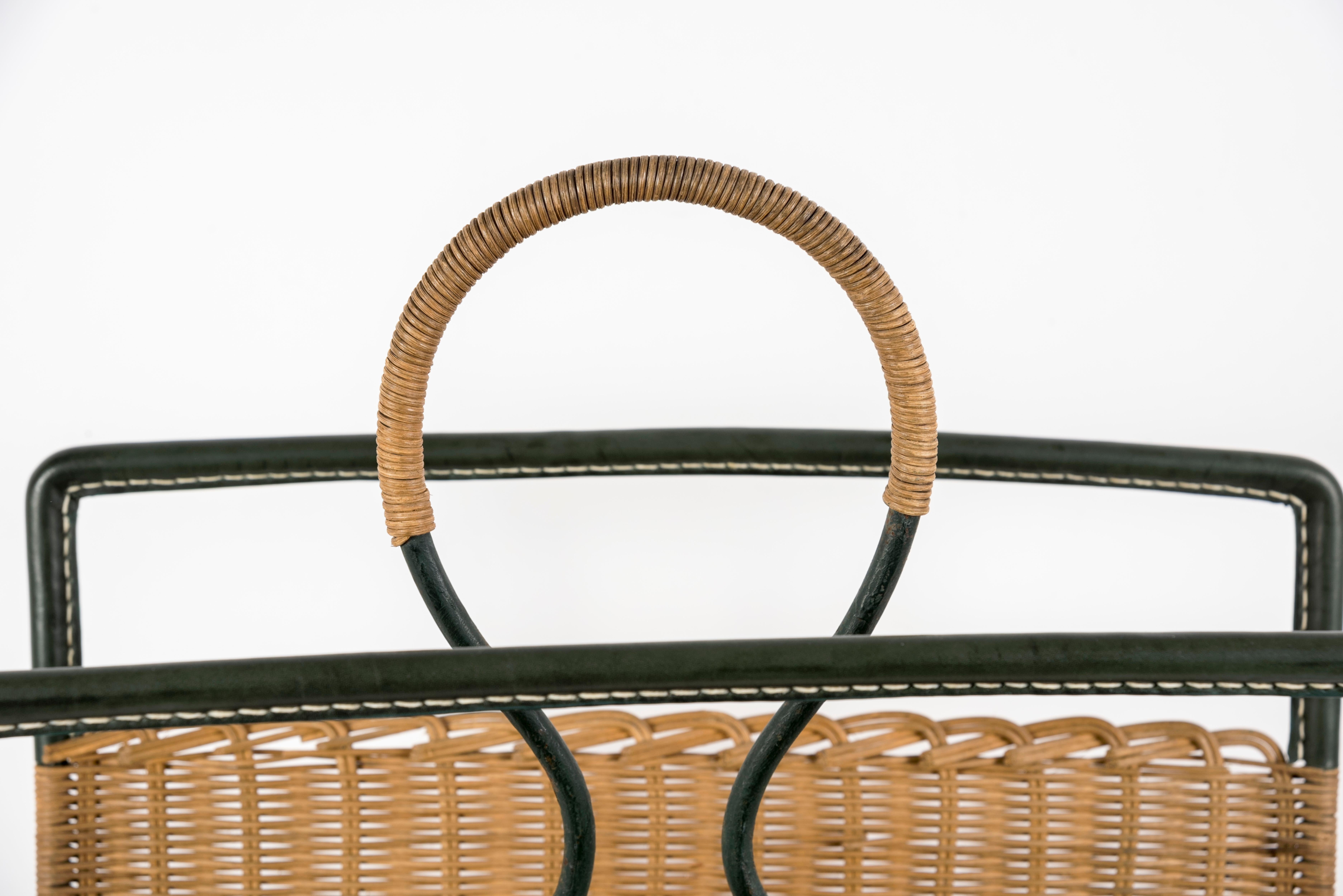 Mid-20th Century 1950s Rattan and Stitched Leather Magazine Rack by Jacques Adnet