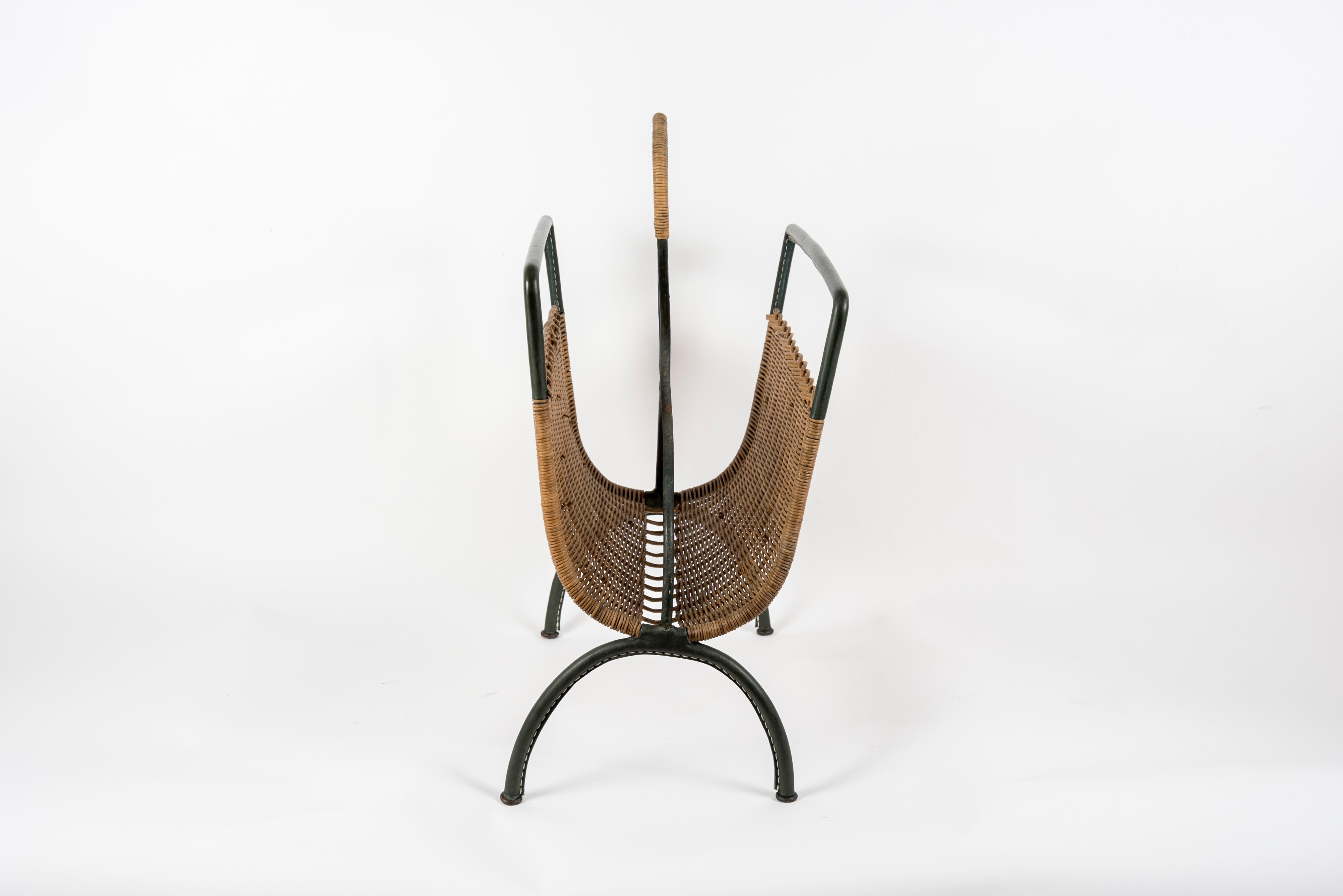 1950s Rattan and Stitched Leather Magazine Rack by Jacques Adnet 1