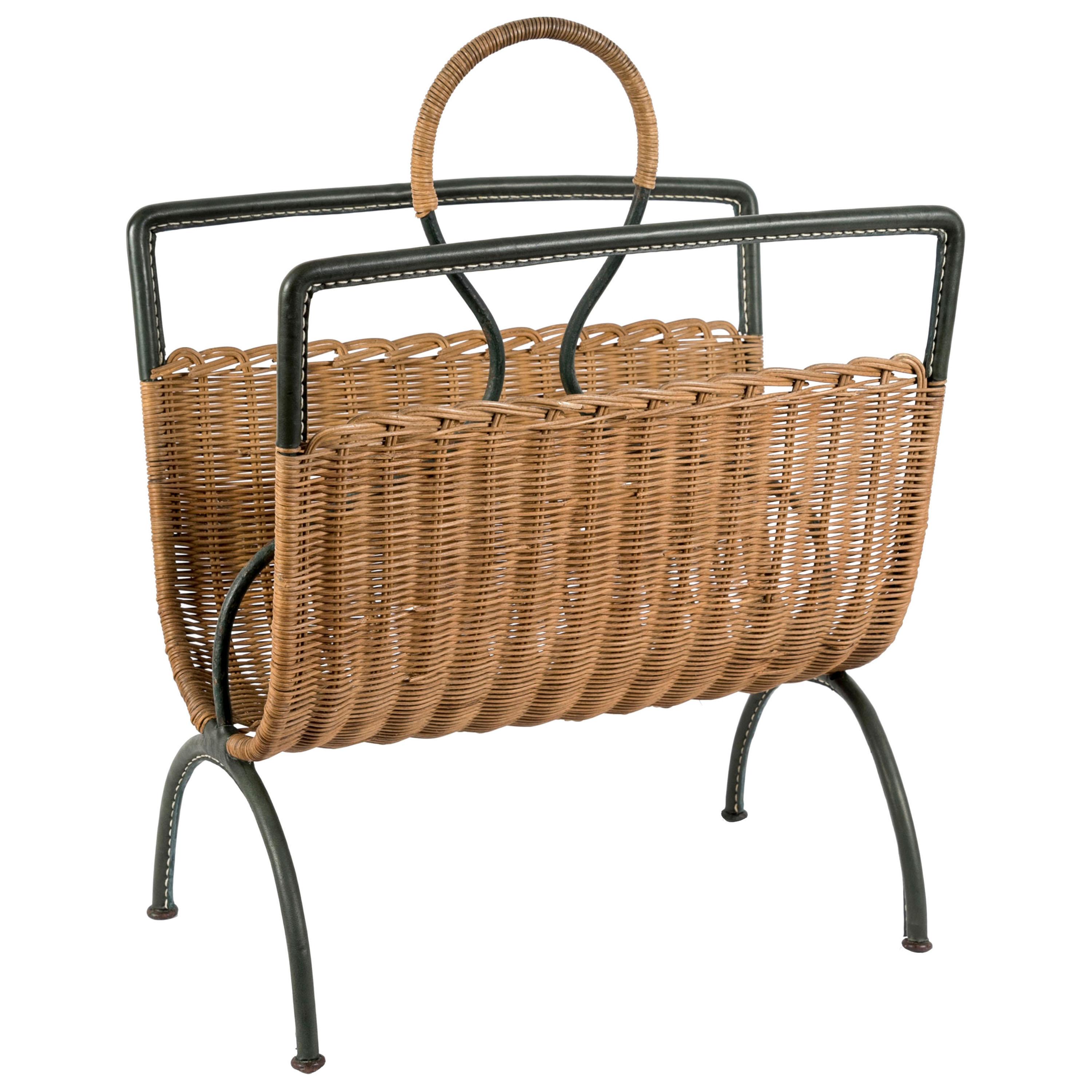 1950s Rattan and Stitched Leather Magazine Rack by Jacques Adnet