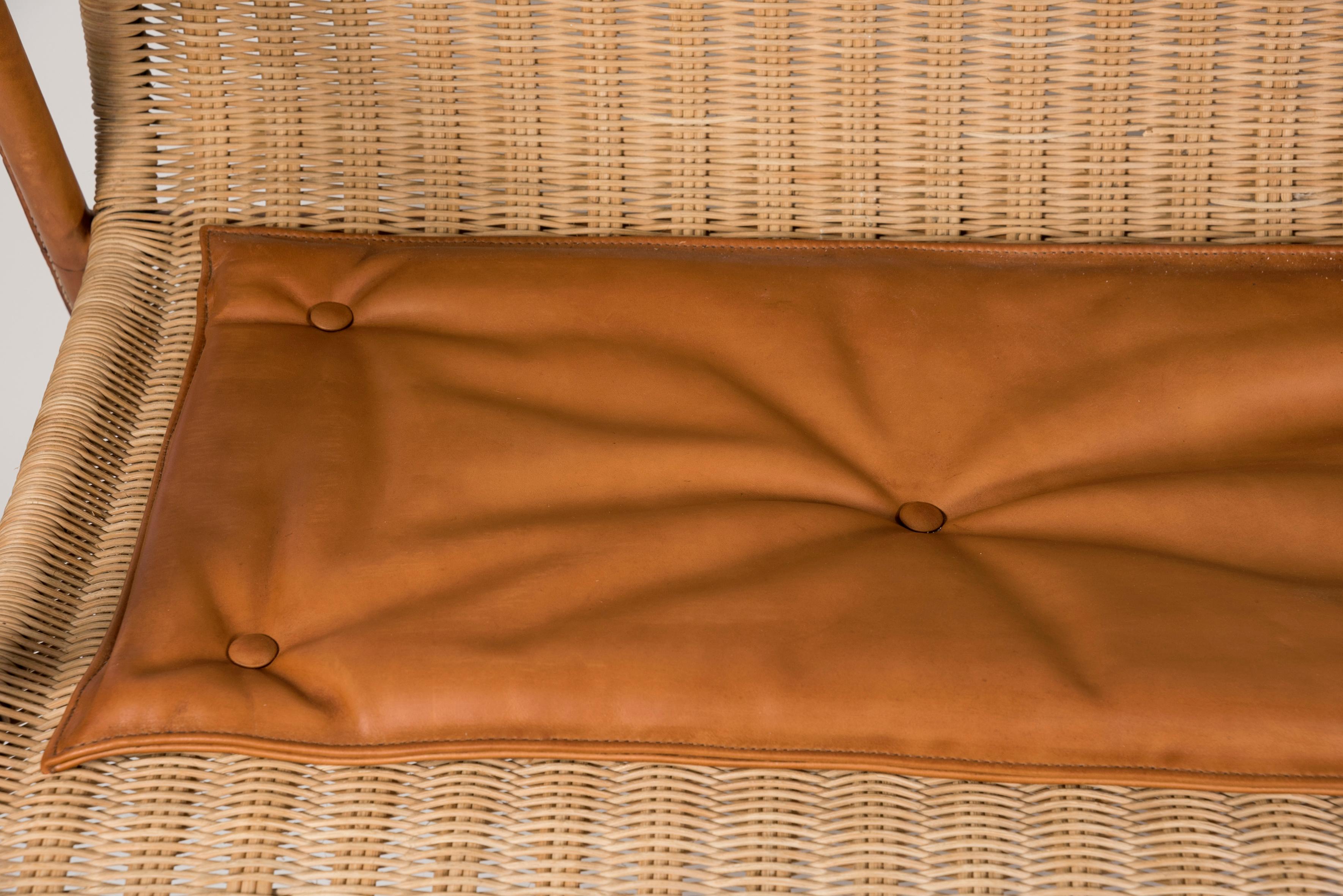 French 1950's Rattan and Stitched Leather Sofa by Jacques Adnet For Sale