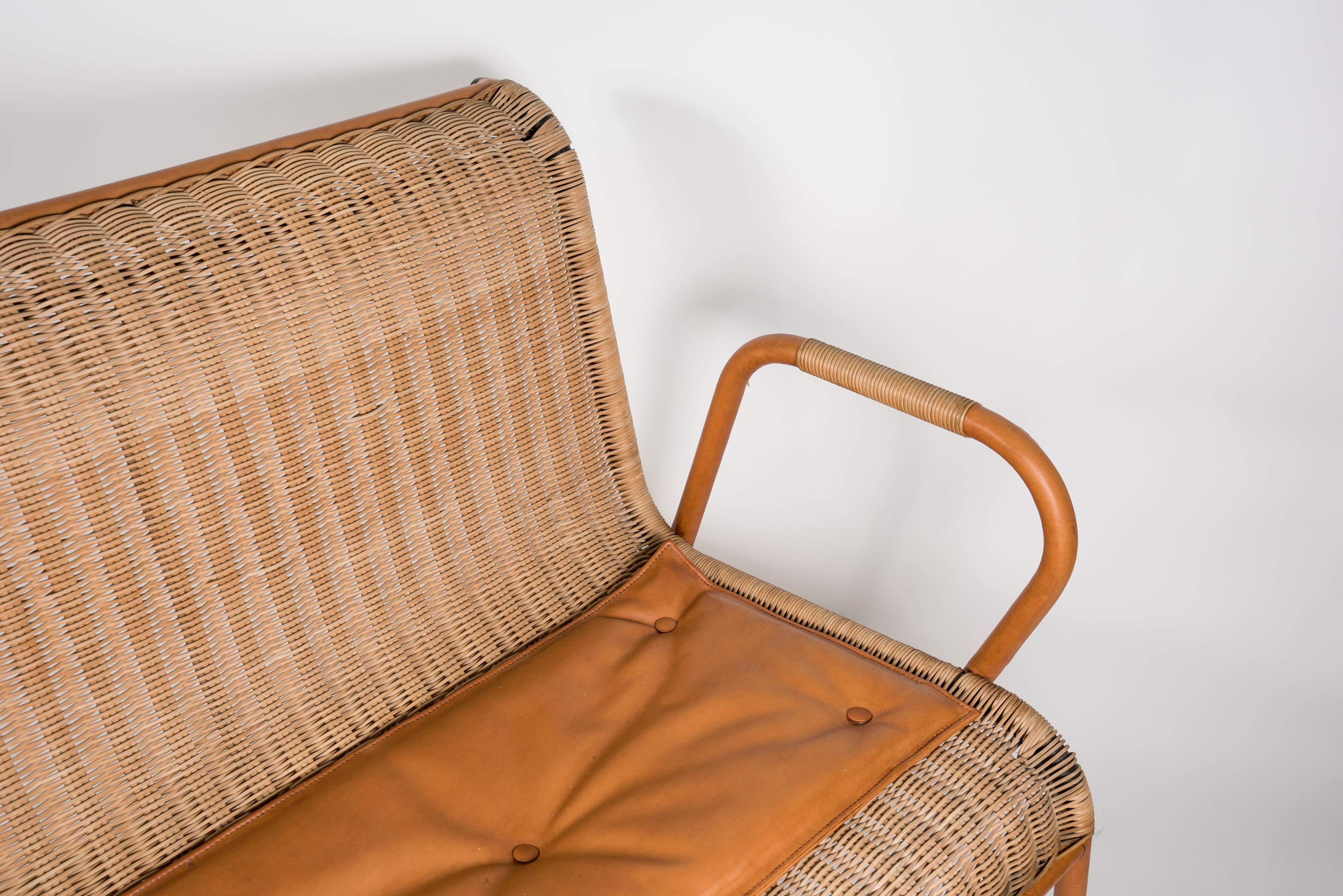 1950's Rattan and Stitched Leather Sofa by Jacques Adnet For Sale 2