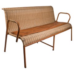 1950's Rattan and Stitched Leather Sofa by Jacques Adnet