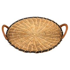1950's Rattan and Stitched Leather Tray by Jacques Adnet