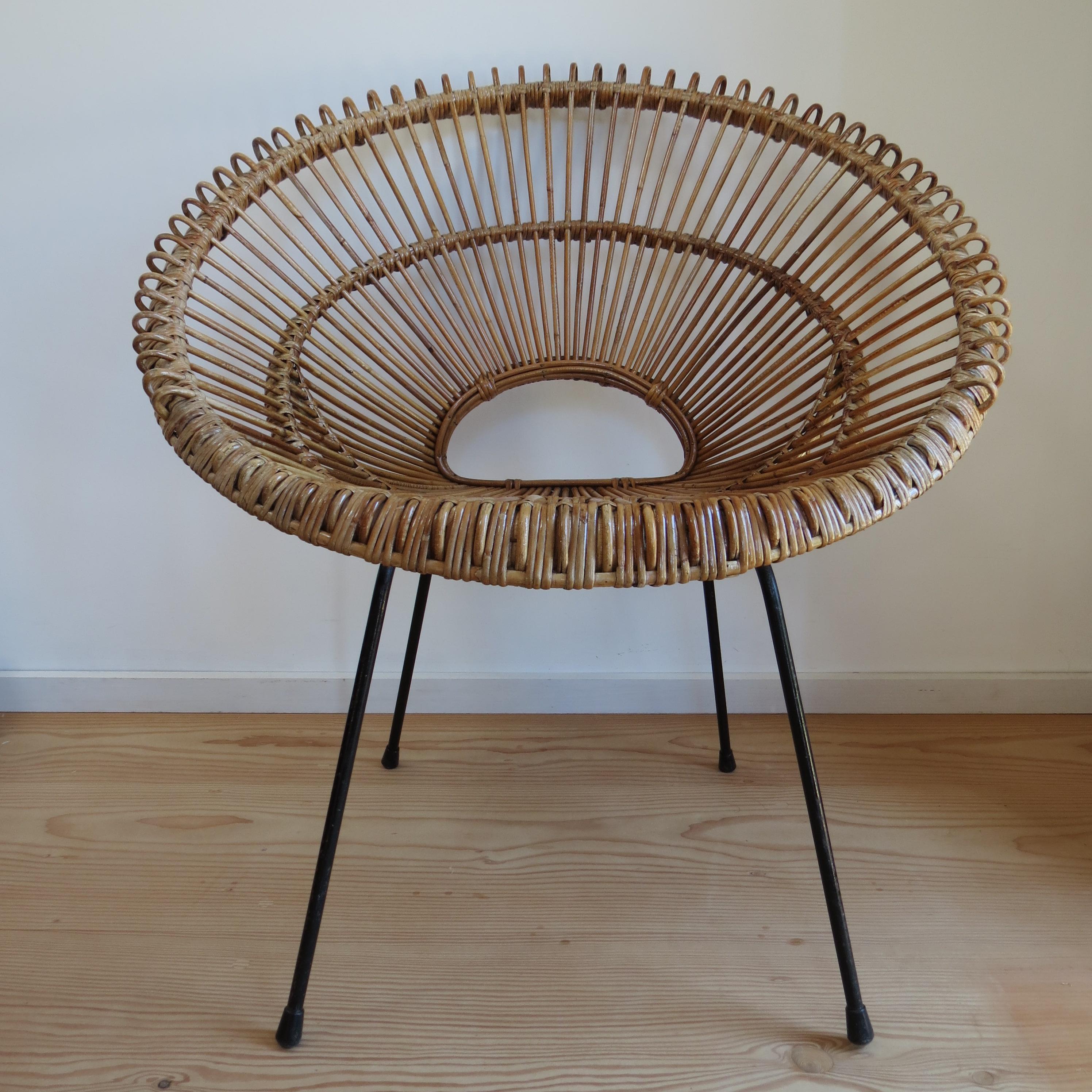 Mid-Century Modern 1950s Rattan Cane and Metal Chair Franco Albini 2 available B For Sale