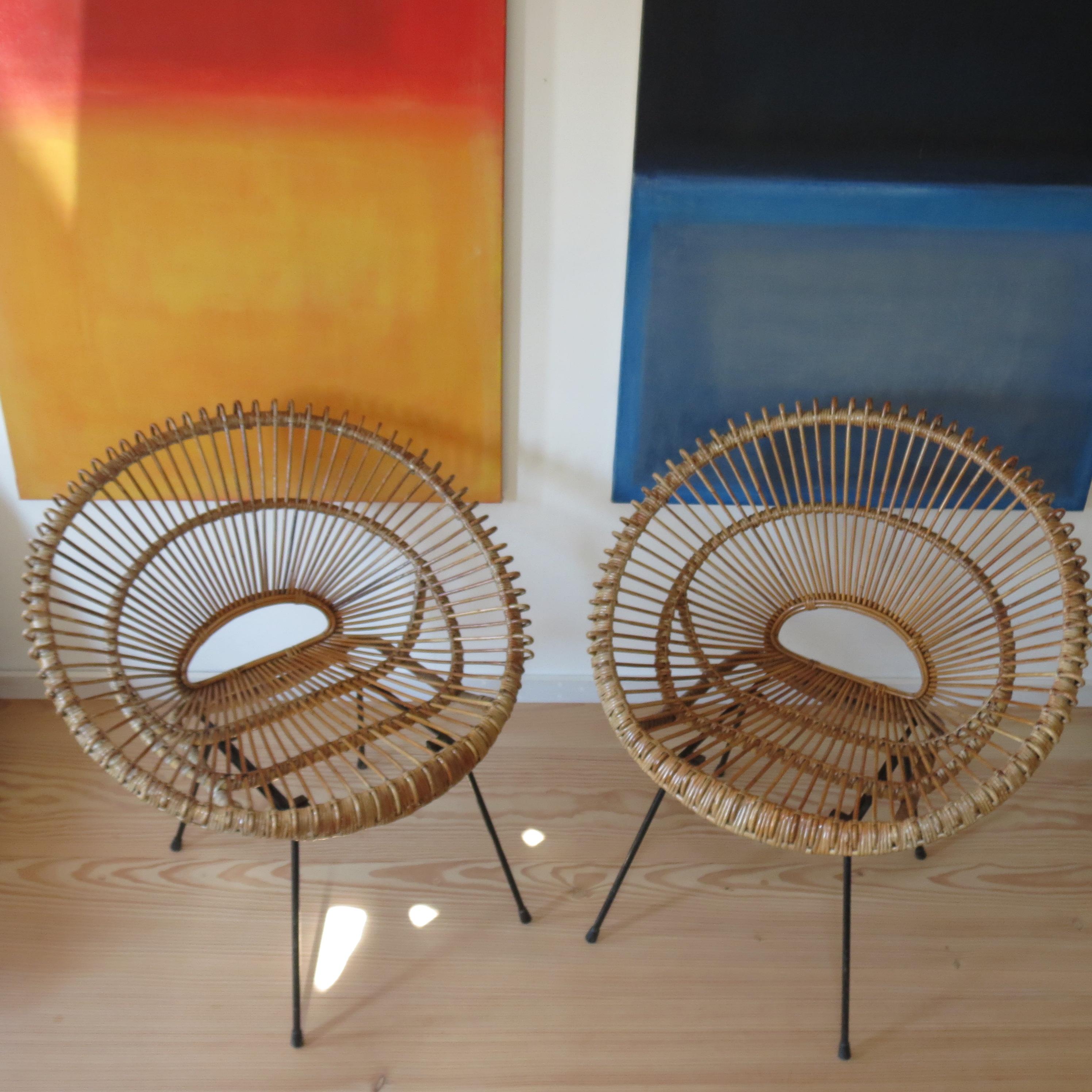 1950s Rattan Cane and  Metal Chair Franco Albini Style A  2 available 9