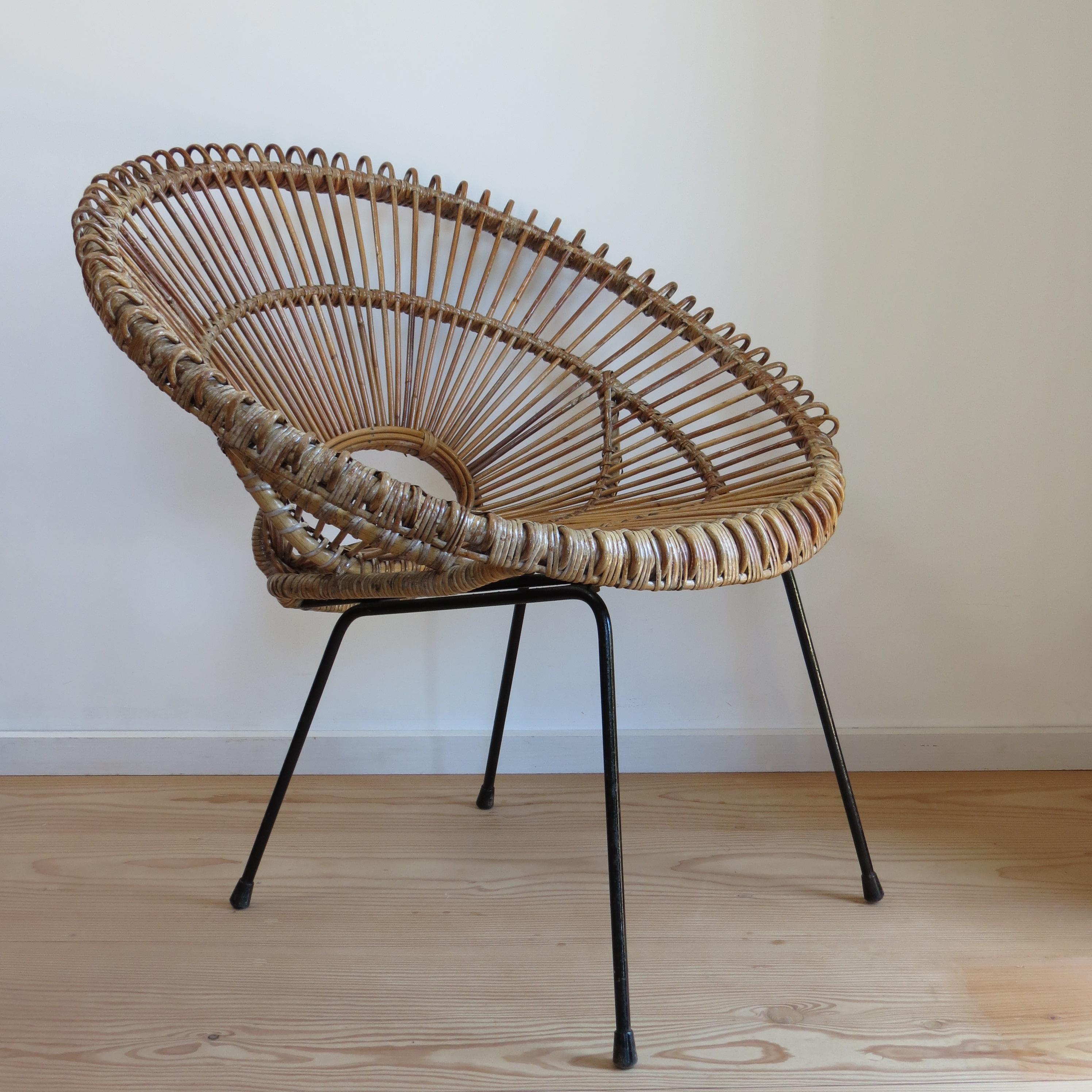 Mid-Century Modern 1950s Rattan Cane and  Metal Chair Franco Albini Style A  2 available