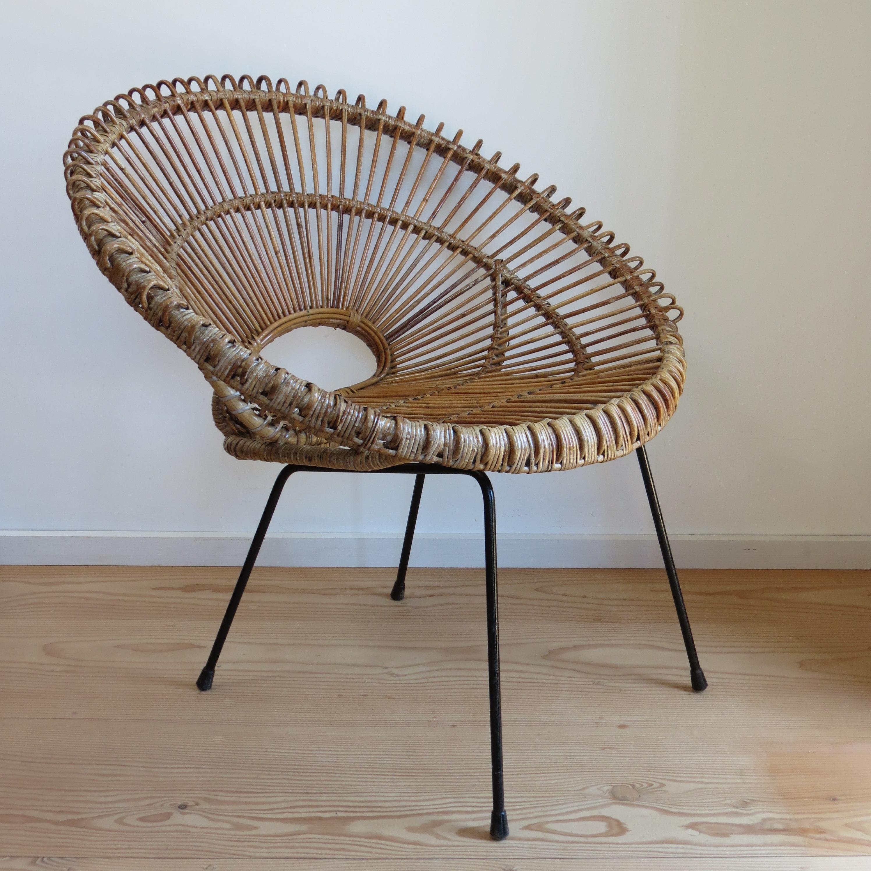French 1950s Rattan Cane and  Metal Chair Franco Albini Style A  2 available