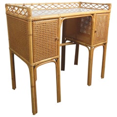 1950s Rattan Cane Wicker and Glass Letter Desk