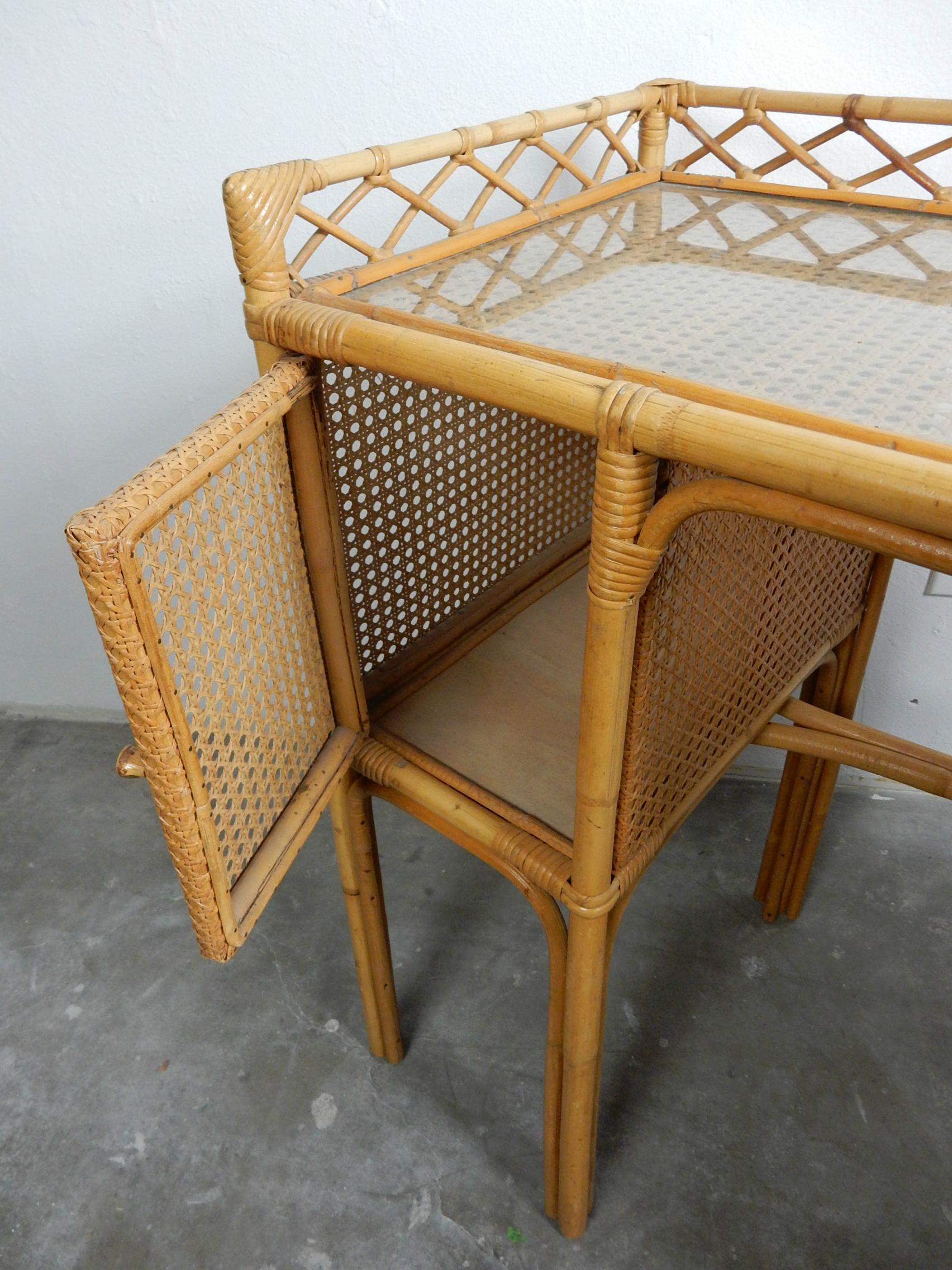 Mid-Century Modern 1950s Rattan Cane Wicker and Glass Letter Desk