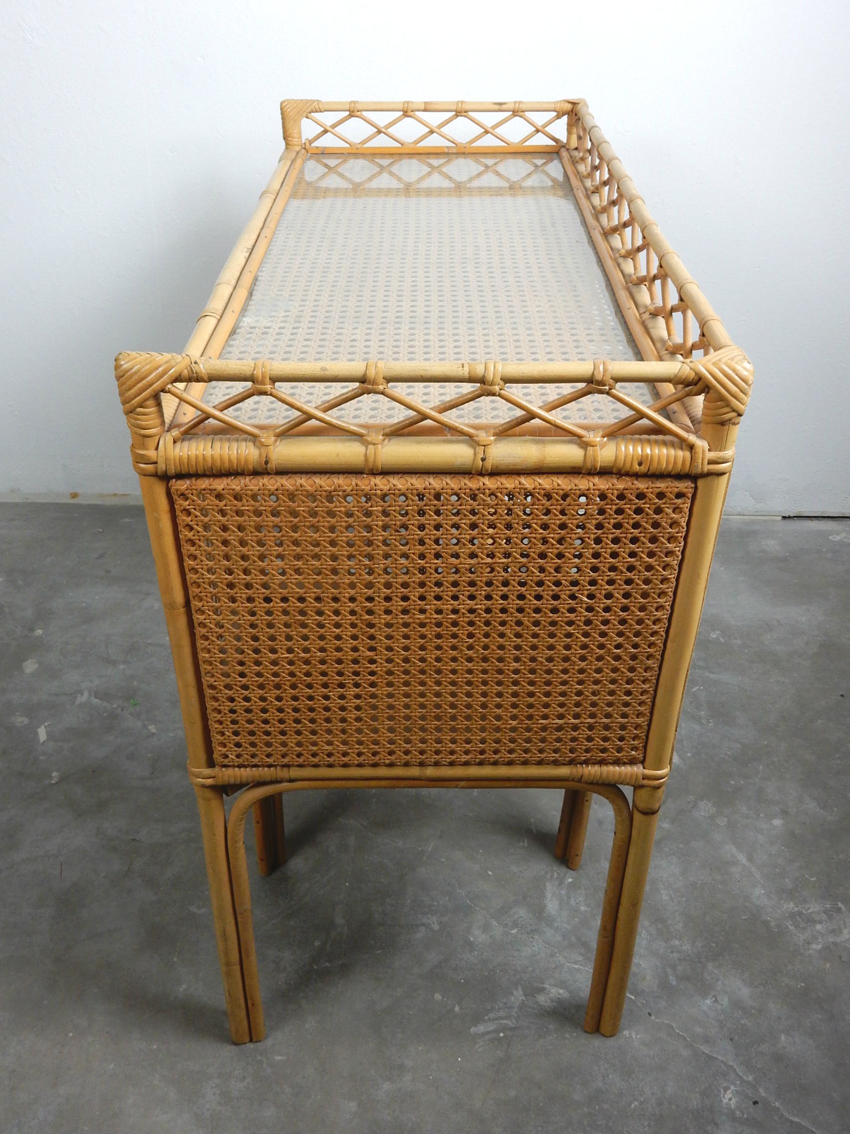 1950s Rattan Cane Wicker and Glass Letter Desk In Good Condition In Las Vegas, NV