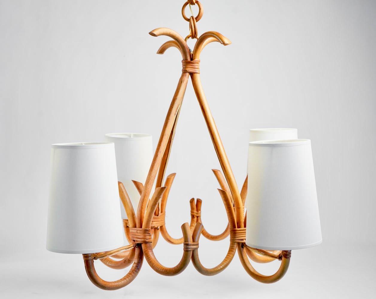 French 1950s Rattan Chandelier Attributed to Louis Sognot