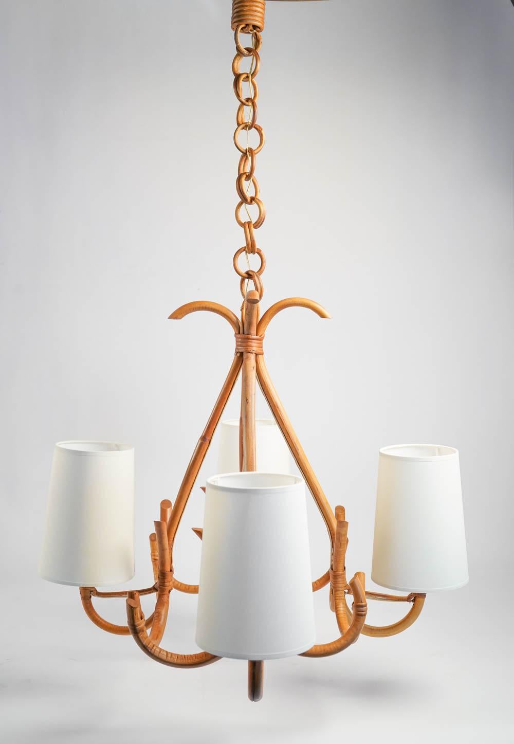 Mid-20th Century 1950s Rattan Chandelier Attributed to Louis Sognot