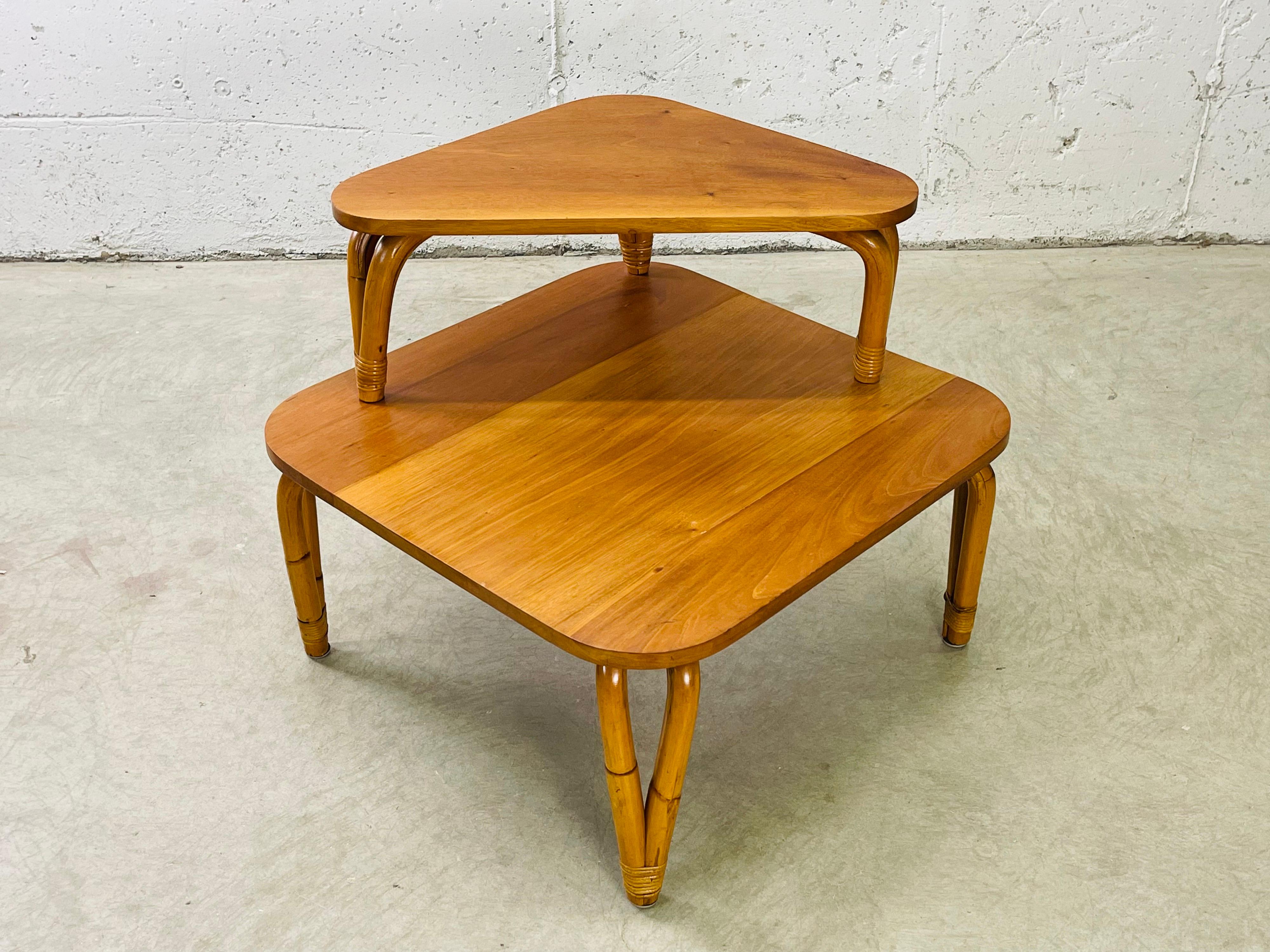 Mid-Century Modern 1950s Rattan & Mahogany Corner Table For Sale