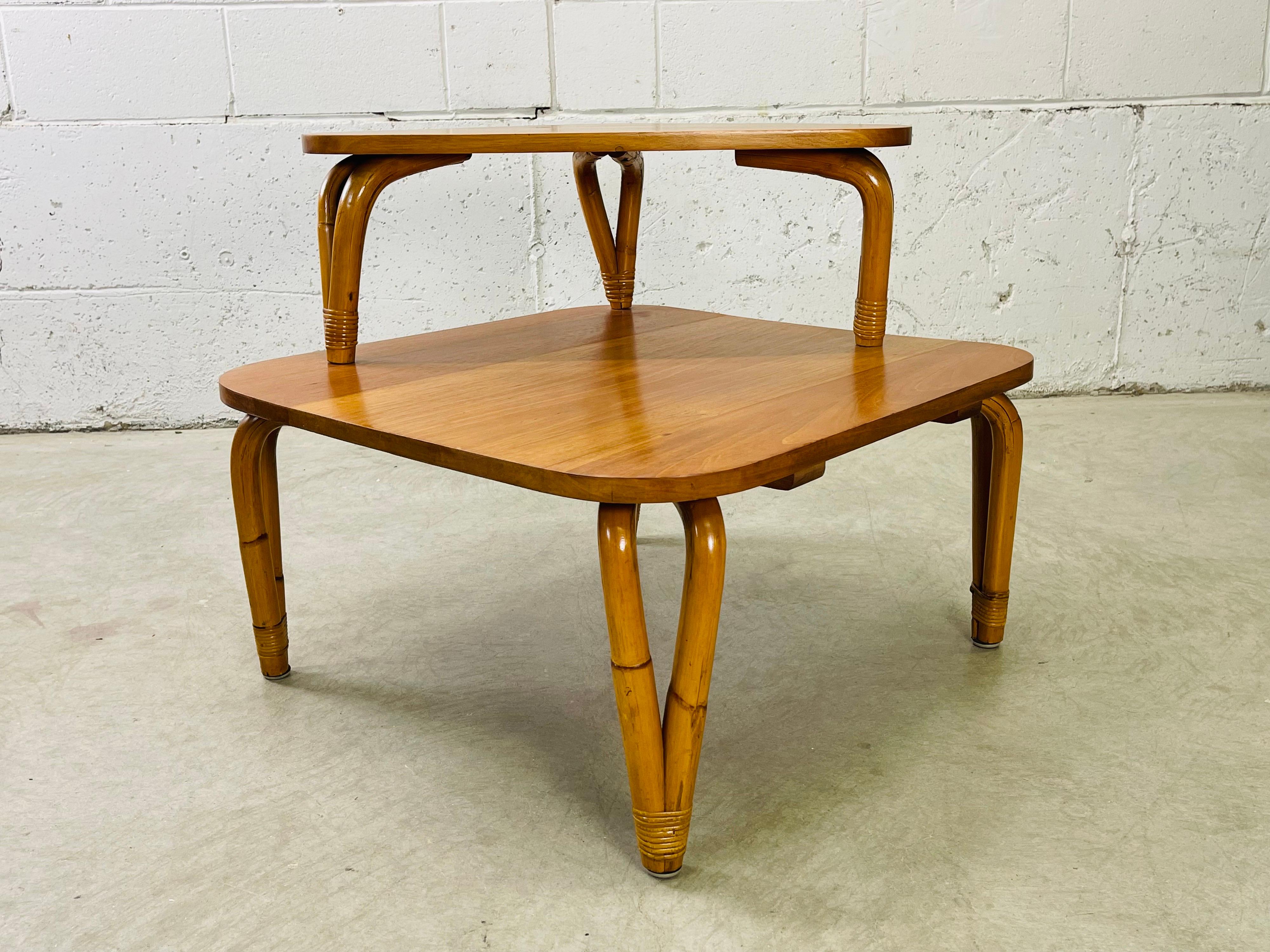 1950s Rattan & Mahogany Corner Table In Good Condition For Sale In Amherst, NH