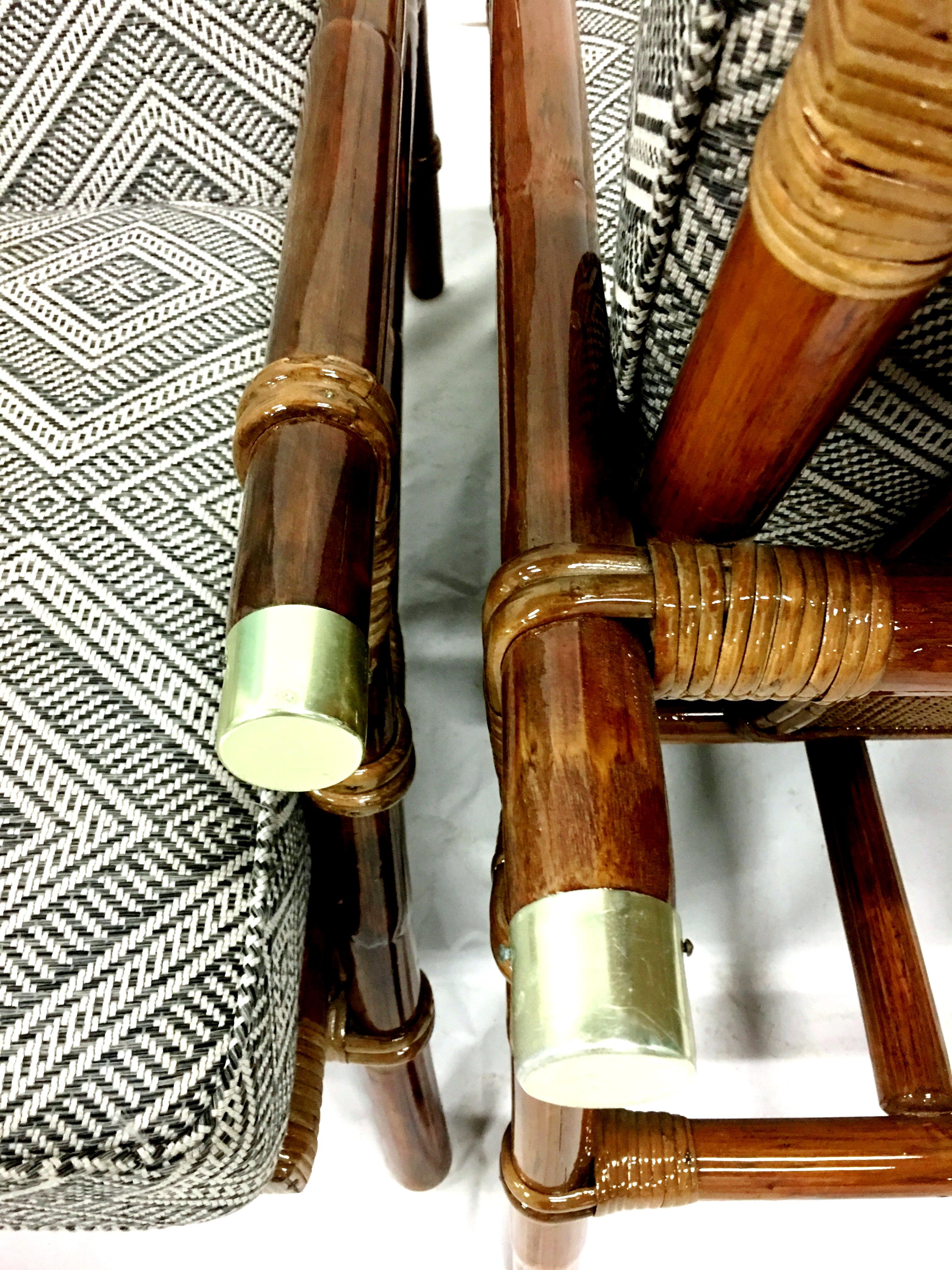 Rattan Raffia & Brass Pair of Lounge Chairs and Ottoman by, Ficks Reed Set of 3 7