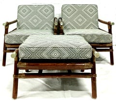 Rattan Raffia & Brass Pair of Lounge Chairs and Ottoman by, Ficks Reed Set of 3