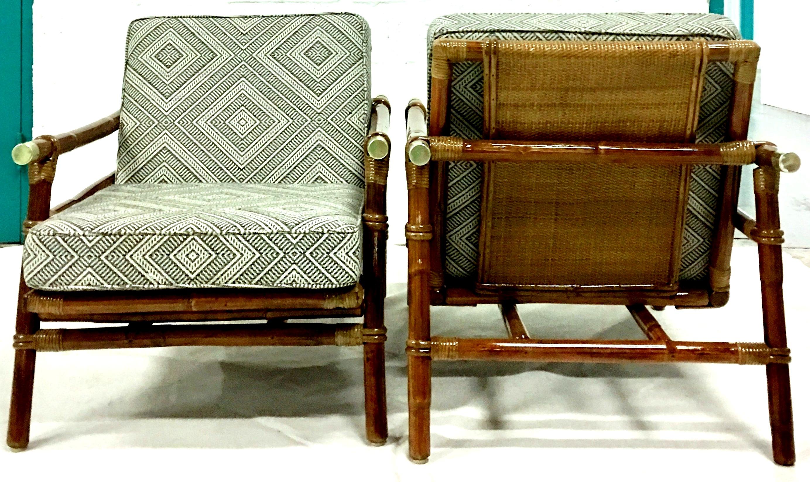 American Rattan Raffia & Brass Pair of Lounge Chairs and Ottoman by, Ficks Reed Set of 3