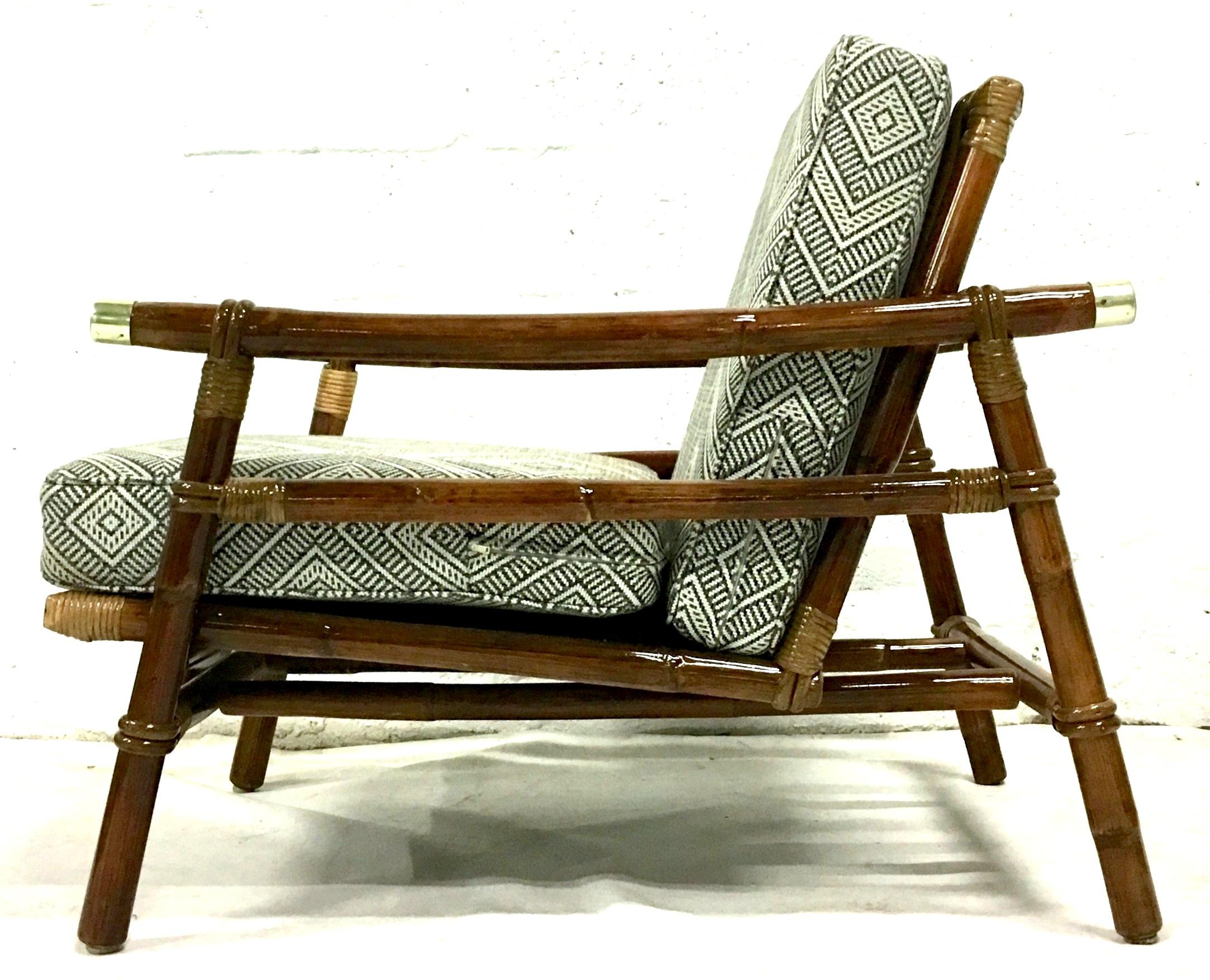 20th Century Rattan Raffia & Brass Pair of Lounge Chairs and Ottoman by, Ficks Reed Set of 3