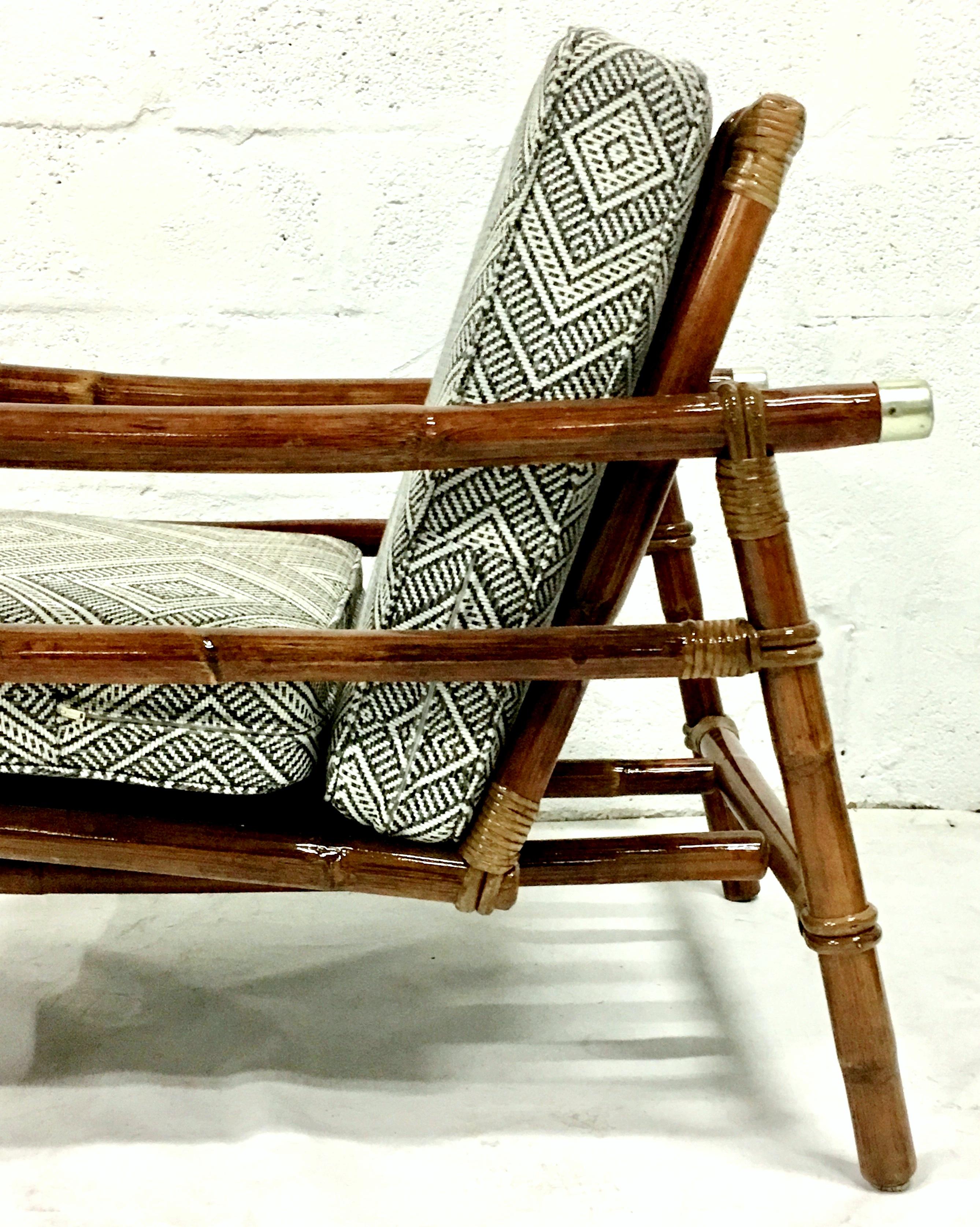 Rattan Raffia & Brass Pair of Lounge Chairs and Ottoman by, Ficks Reed Set of 3 1