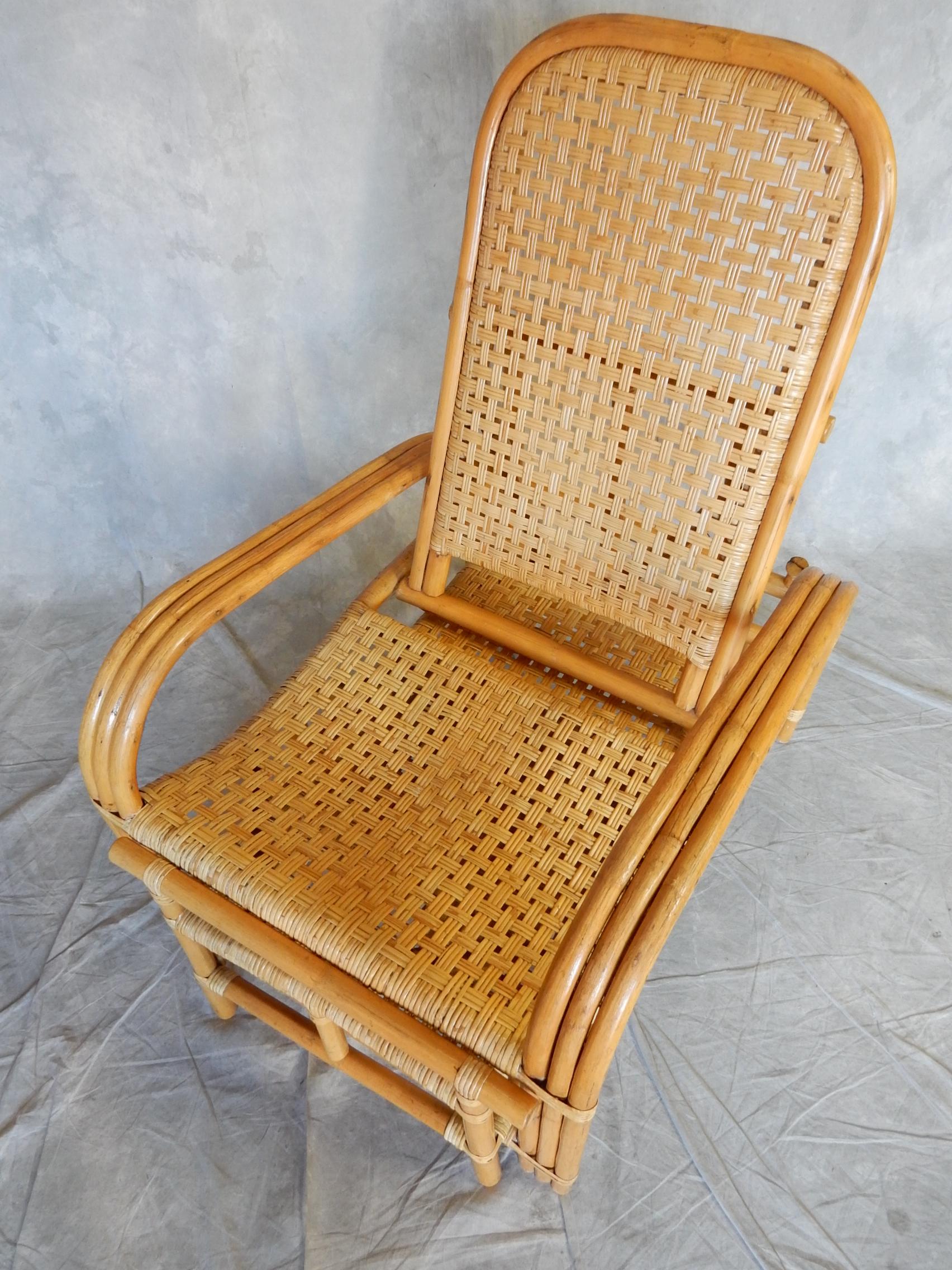 1950's Rattan & Woven Cane Chaise Lounge Chair Paul Laszlo Style For Sale 2