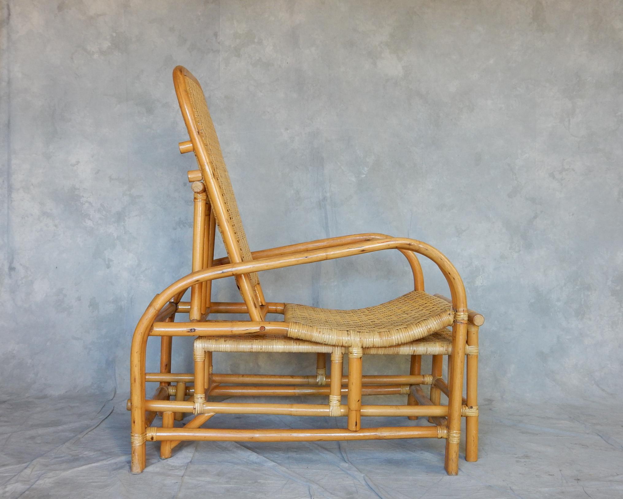 Sessel aus Rattan und geflochtenem Rohr, Paul Laszlo-Stil, 1950er Jahre im Zustand „Relativ gut“ im Angebot in Las Vegas, NV