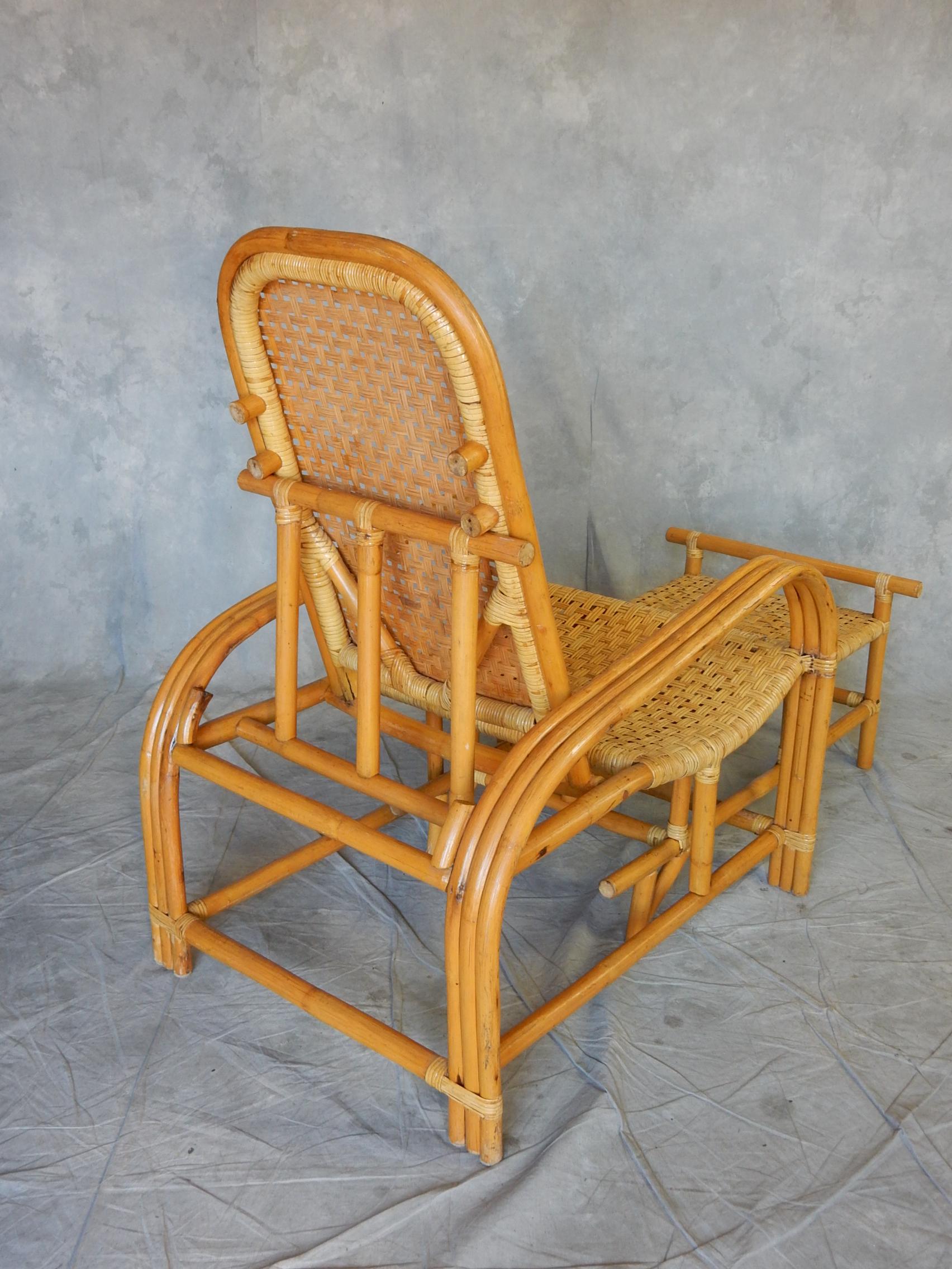 Mid-Century Modern 1950's Rattan & Woven Cane Chaise Lounge Chair Paul Laszlo Style For Sale