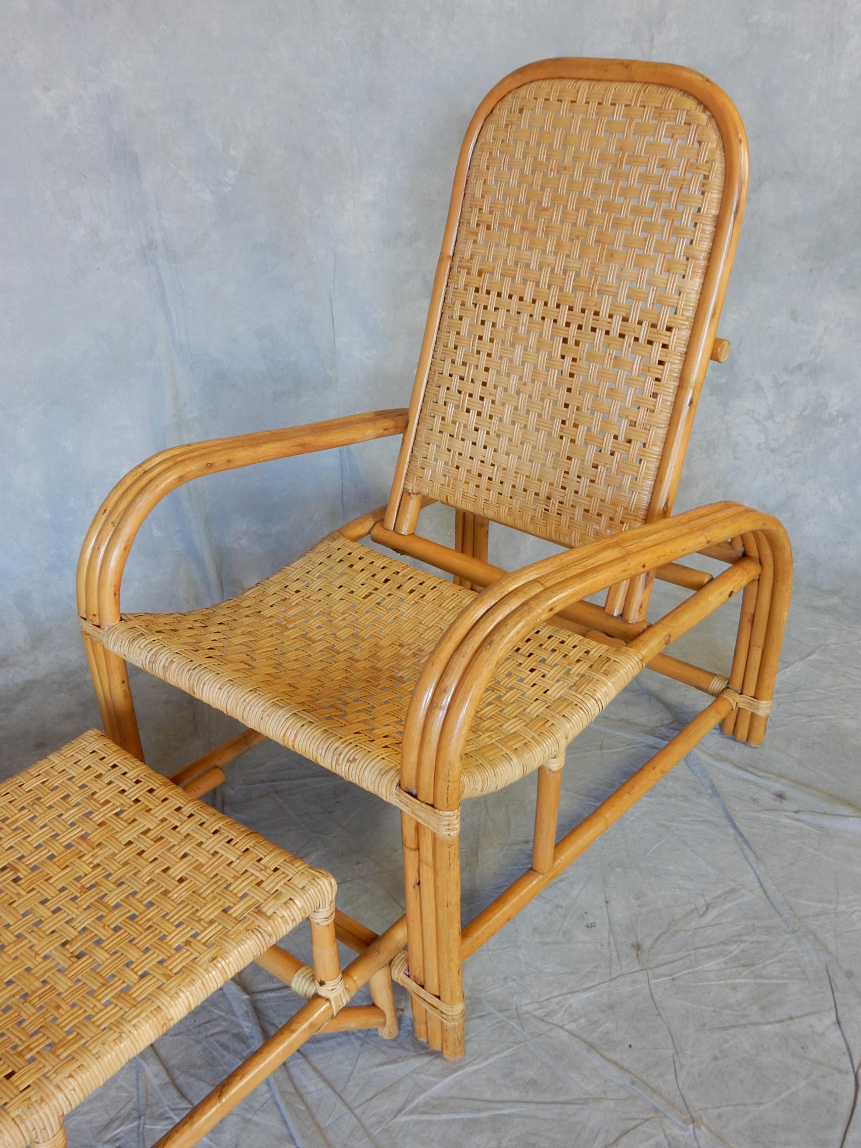 1950's Rattan & Woven Cane Chaise Lounge Chair Paul Laszlo Style In Fair Condition For Sale In Las Vegas, NV