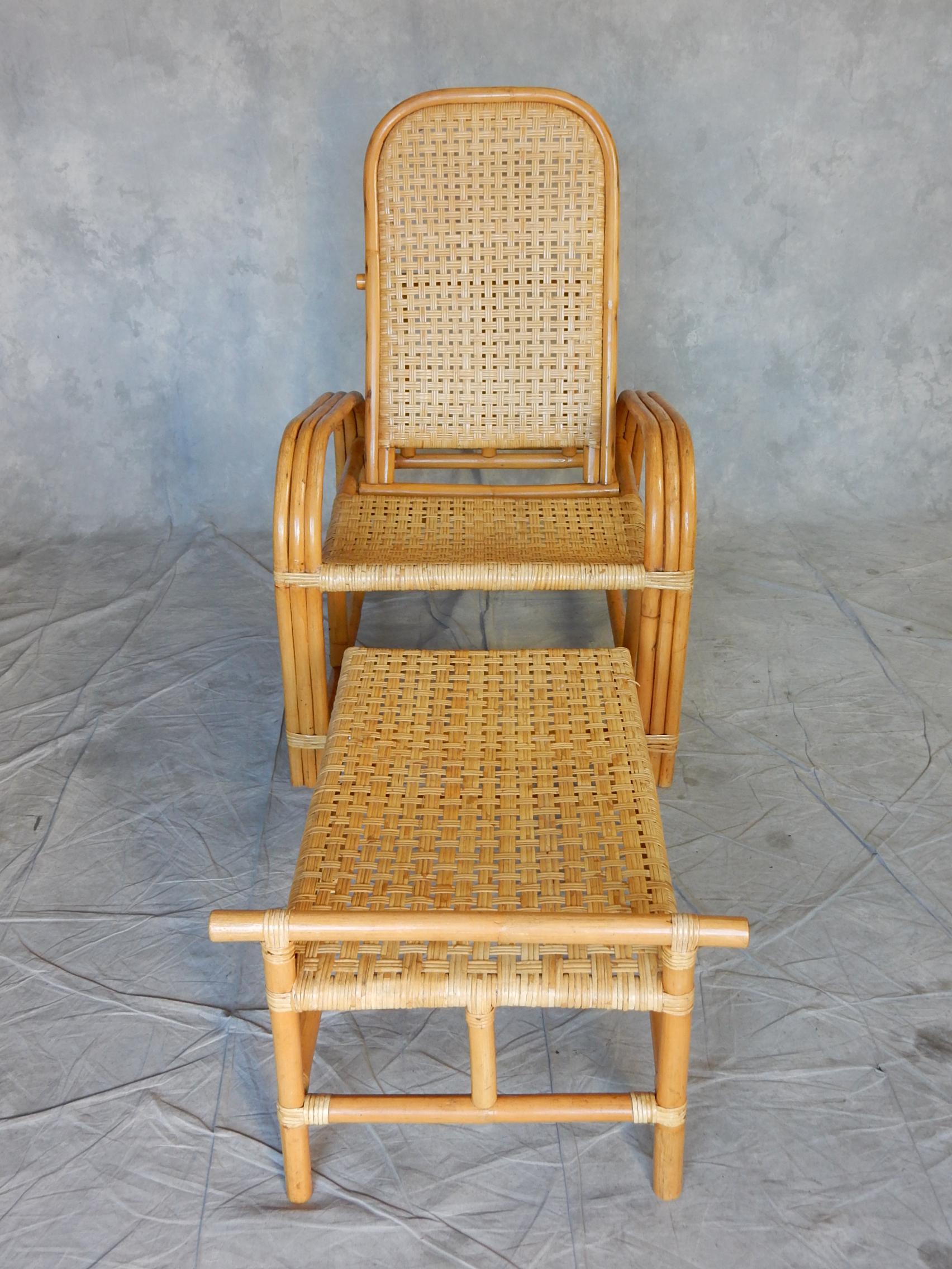 1950's Rattan & Woven Cane Chaise Lounge Chair Paul Laszlo Style In Fair Condition For Sale In Las Vegas, NV