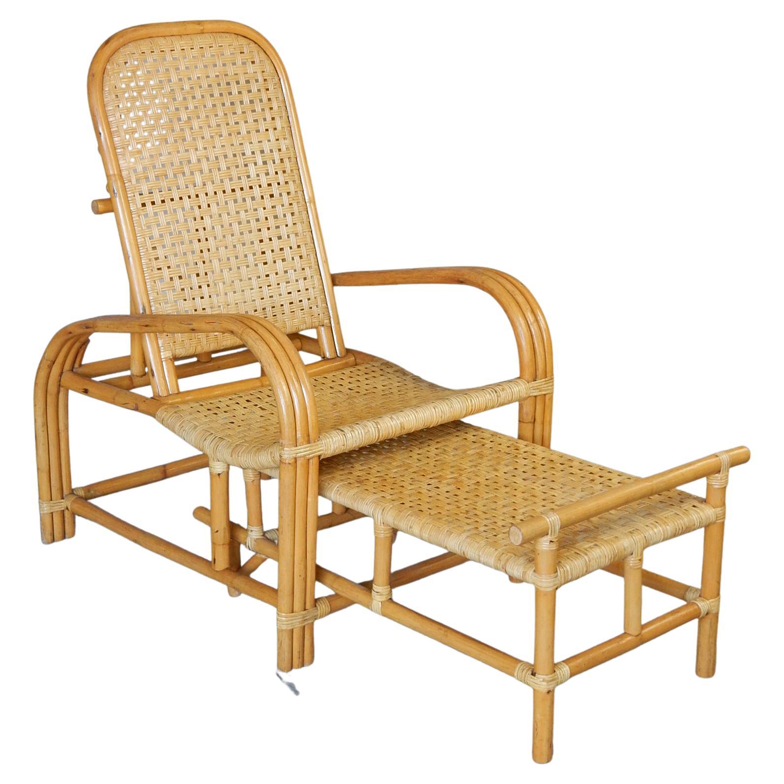 1950's Rattan & Woven Cane Chaise Lounge Chair Paul Laszlo Style For Sale